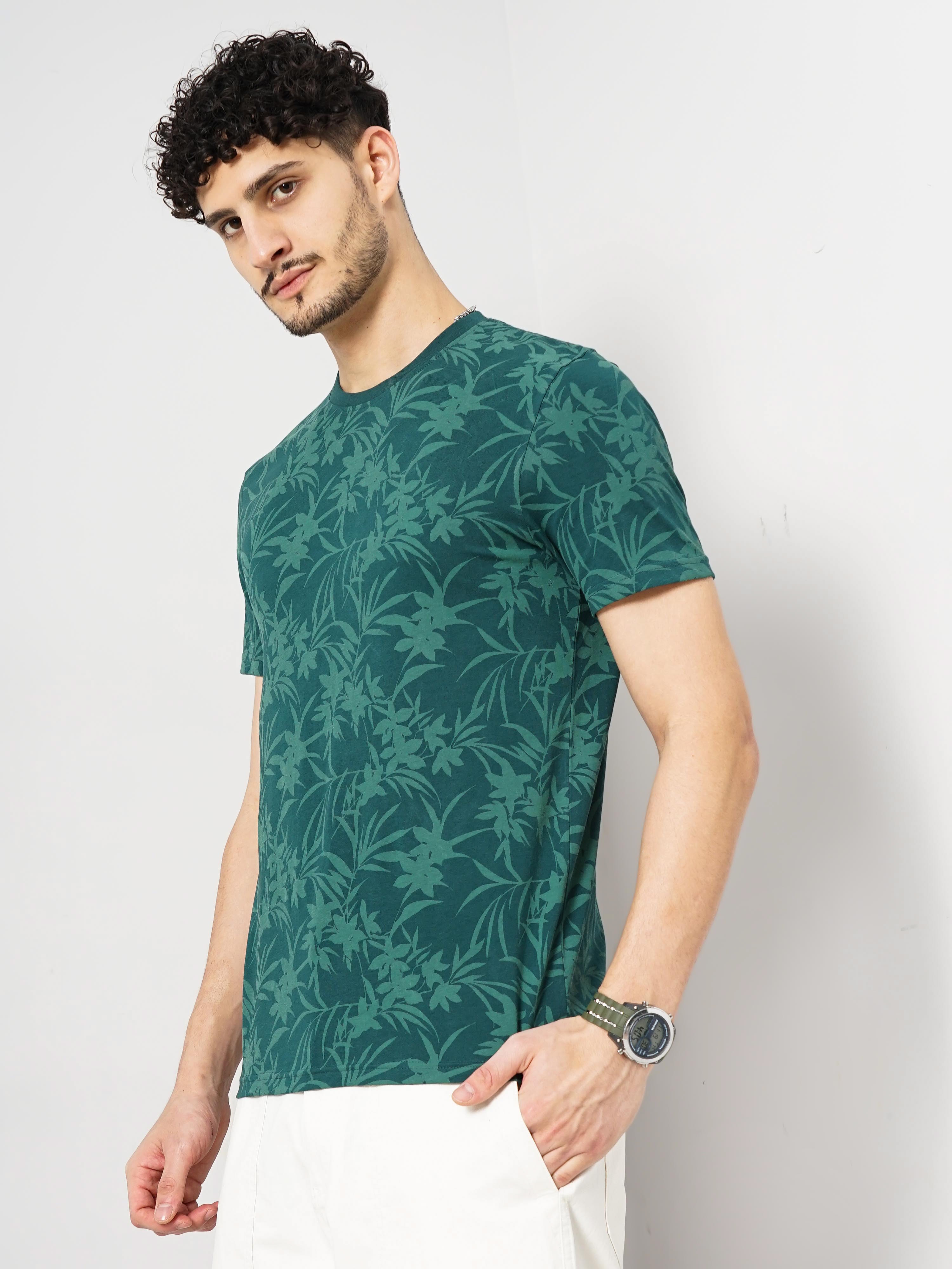 Celio Men Green Printed Regular Fit Cotton All Over Print Tshirt