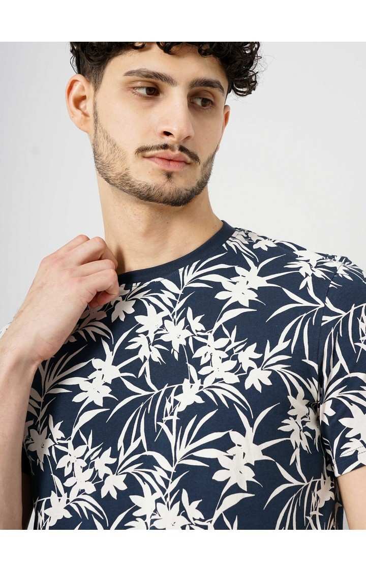 Celio Men Navy Blue Printed Regular Fit Cotton All Over Print Tshirt
