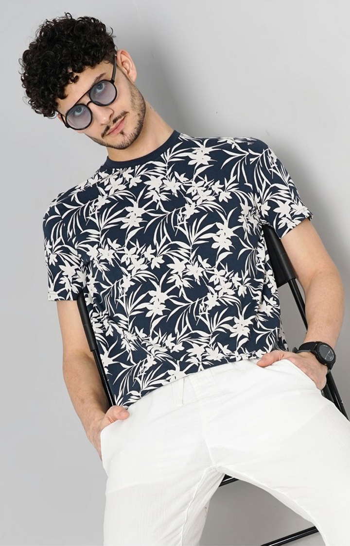 celio | Celio Men Navy Blue Printed Regular Fit Cotton All Over Print Tshirt