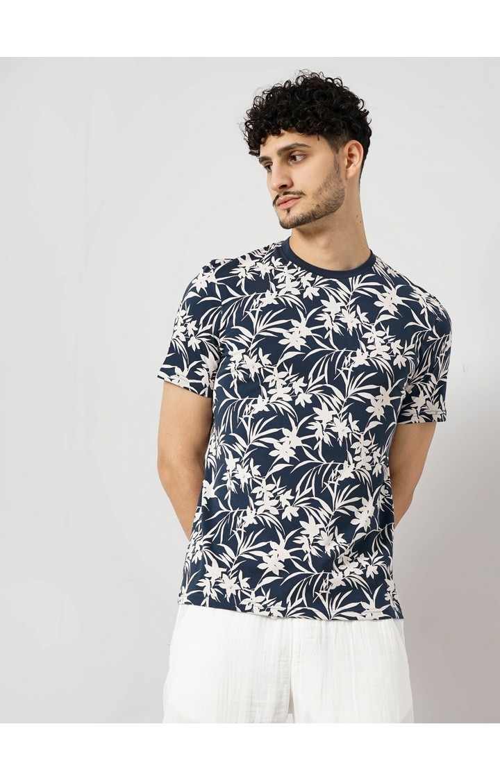 Celio Men Navy Blue Printed Regular Fit Cotton All Over Print Tshirt