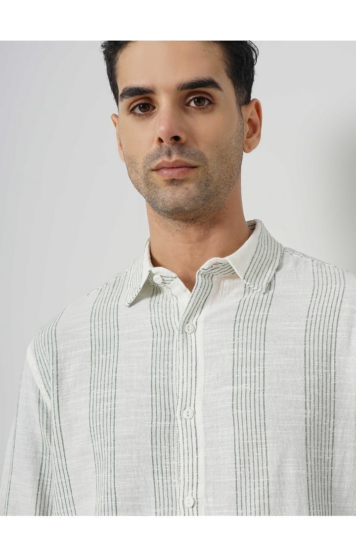 Celio Men Green Striped Slim Fit Cotton Casual Shirt