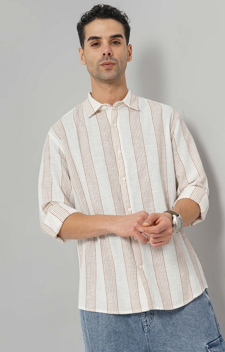 Celio Men Brown Striped Slim Fit Cotton Casual Shirt