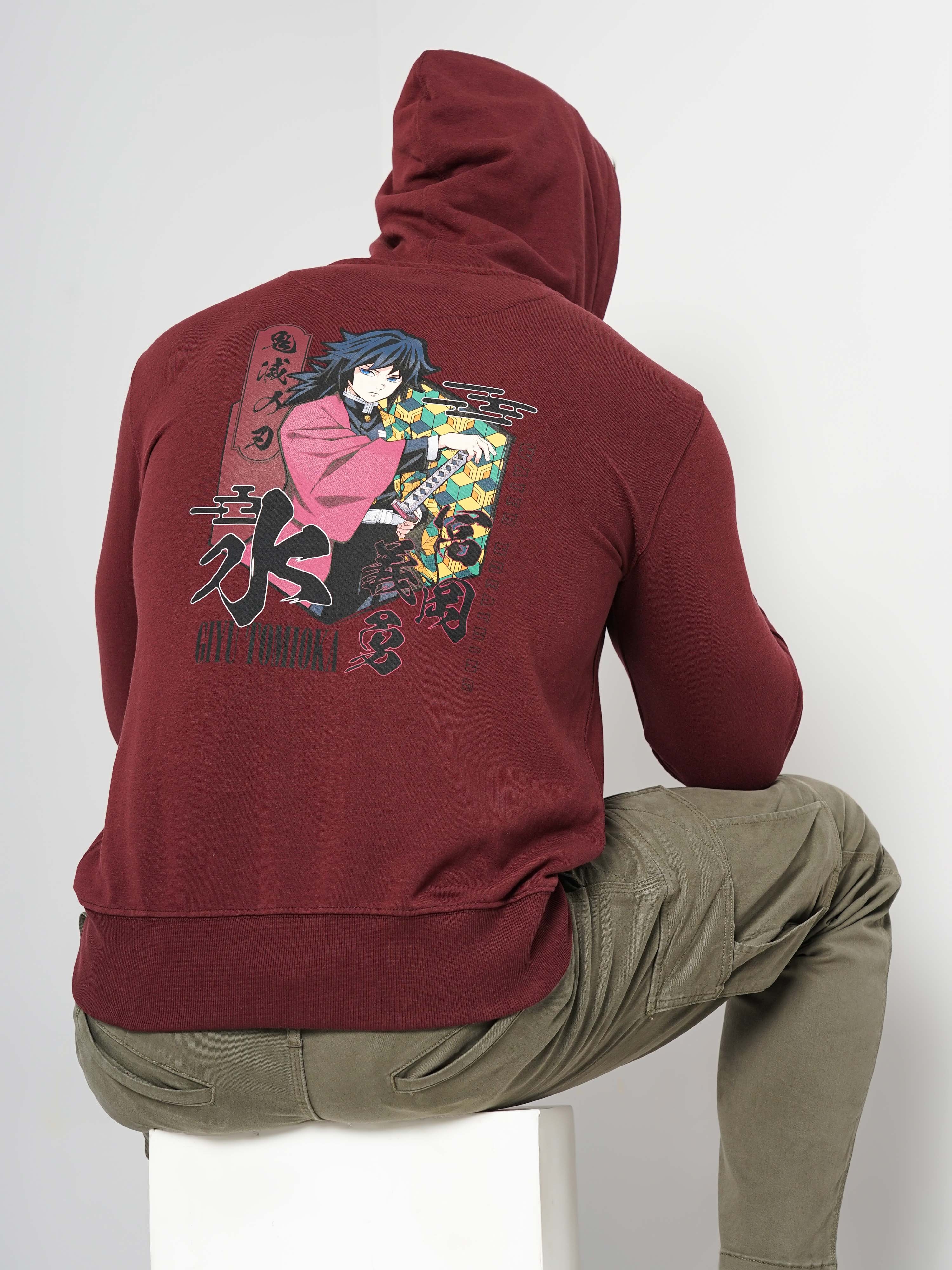 Demon Slayer - Burgundy Graphic Printed Cotton Hooded Sweatshirt XS