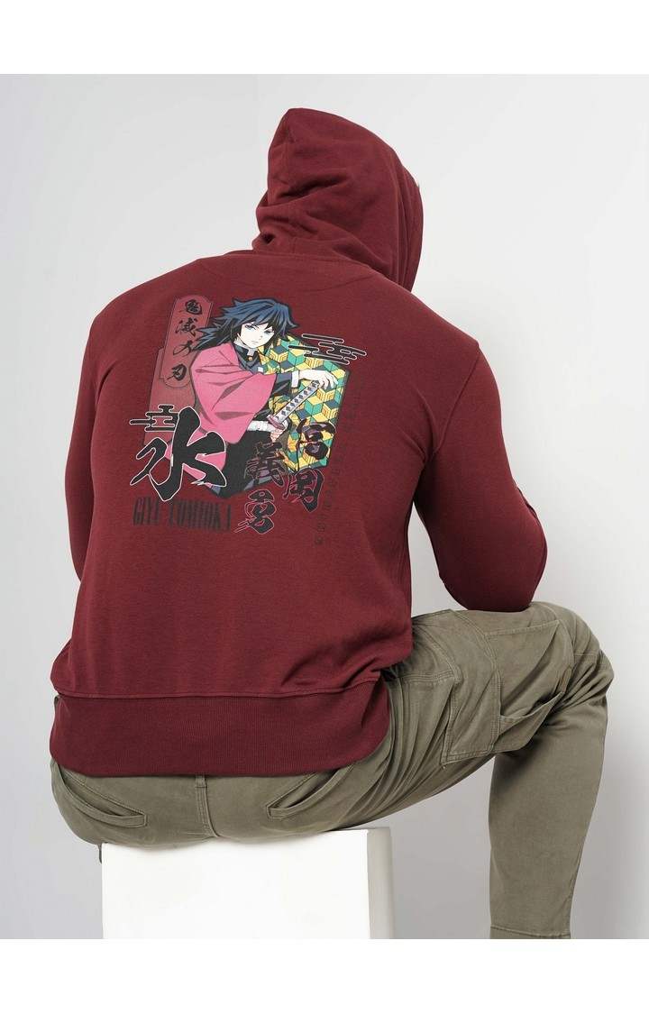Demon Slayer - Burgundy Graphic Printed Cotton Hooded Sweatshirt XS