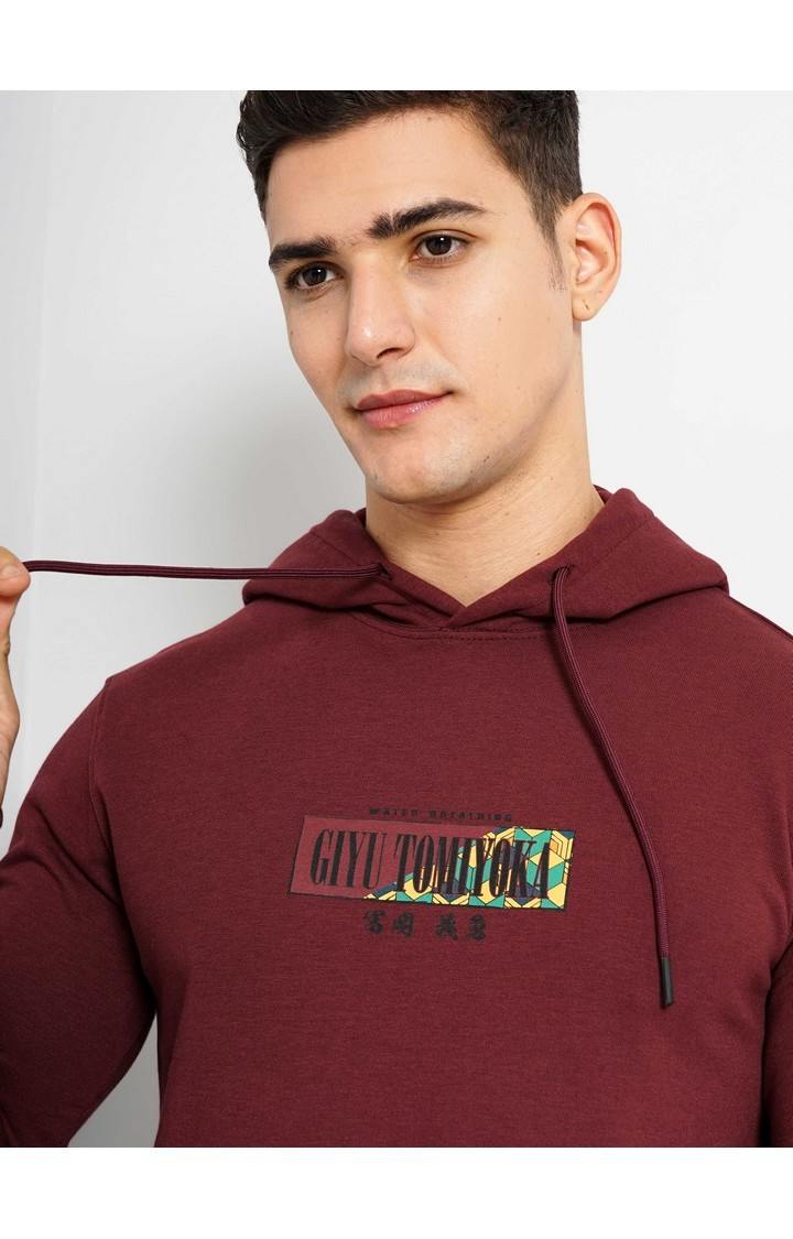 Demon Slayer - Burgundy Graphic Printed Cotton Hooded Sweatshirt XS
