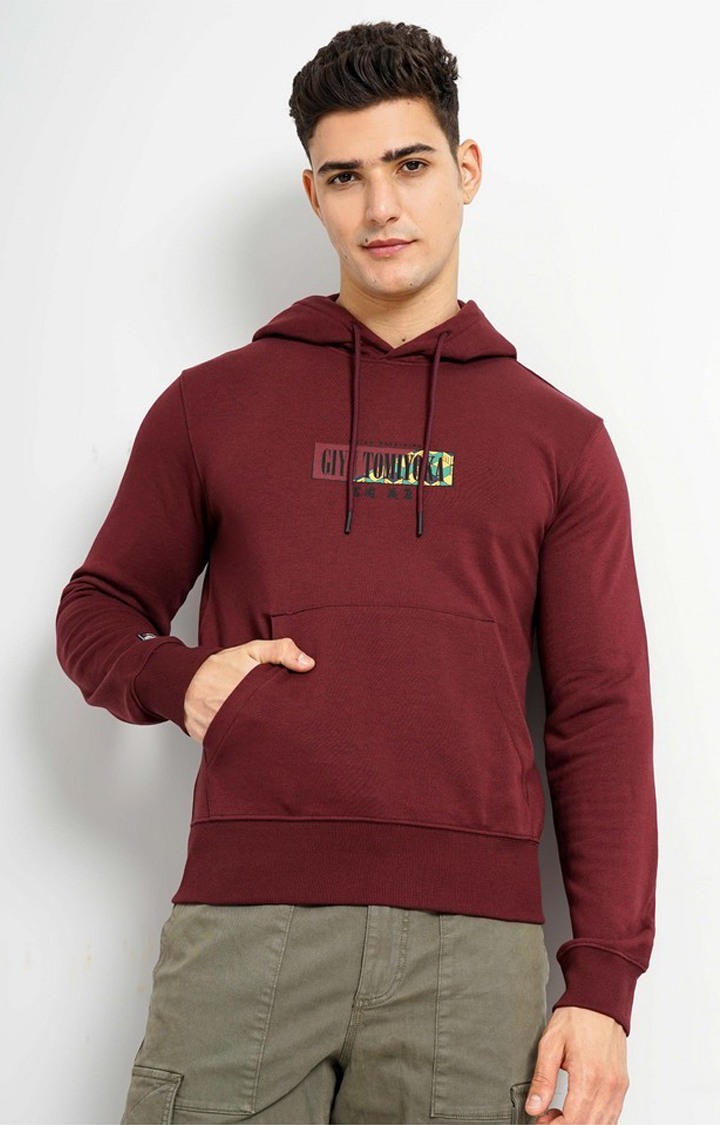 Demon Slayer - Burgundy Graphic Printed Cotton Hooded Sweatshirt XS