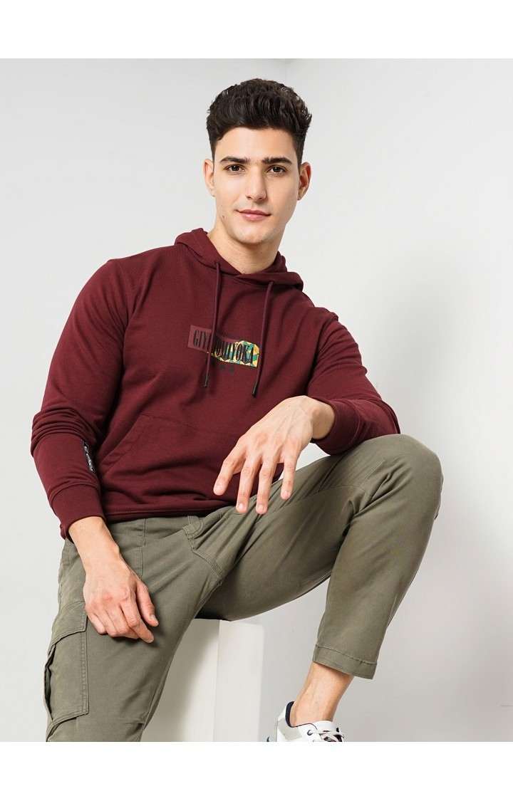 Demon Slayer - Burgundy Graphic Printed Cotton Hooded Sweatshirt XS