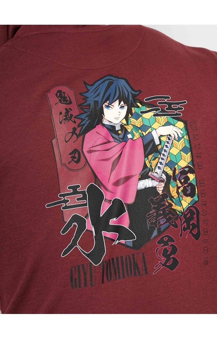 Demon Slayer - Burgundy Graphic Printed Cotton Hooded Sweatshirt XS