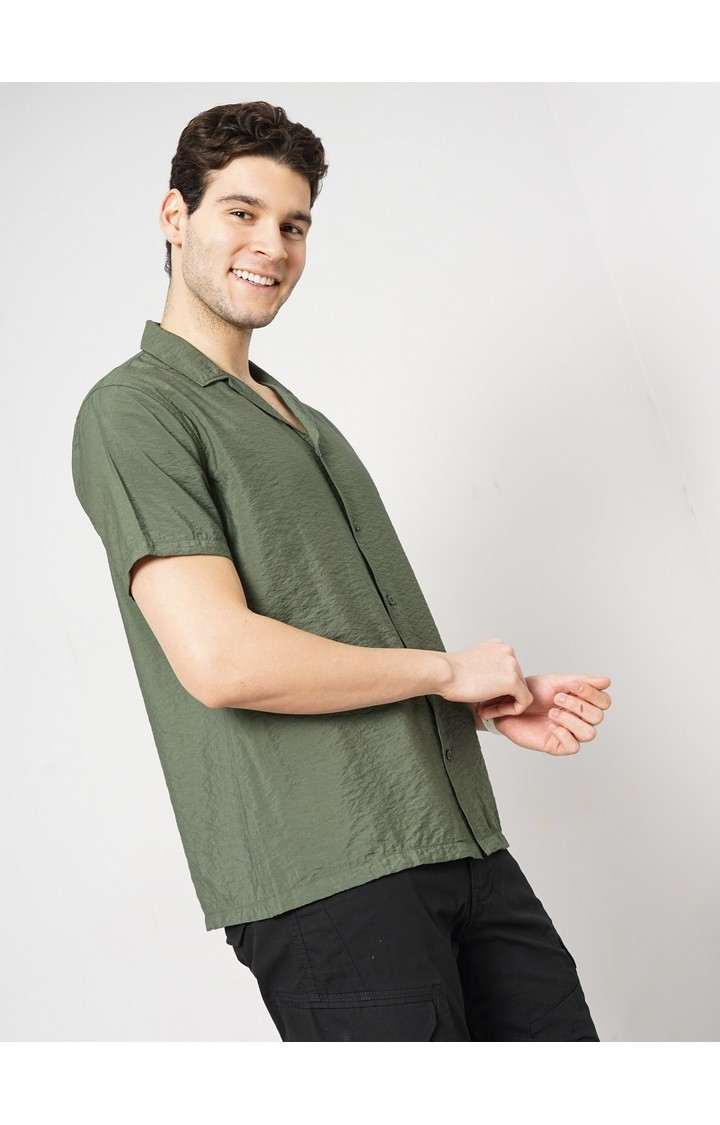 Celio Men Olive Solid Regular Fit Viscose Rayon Soft Touch Casual Shirt
