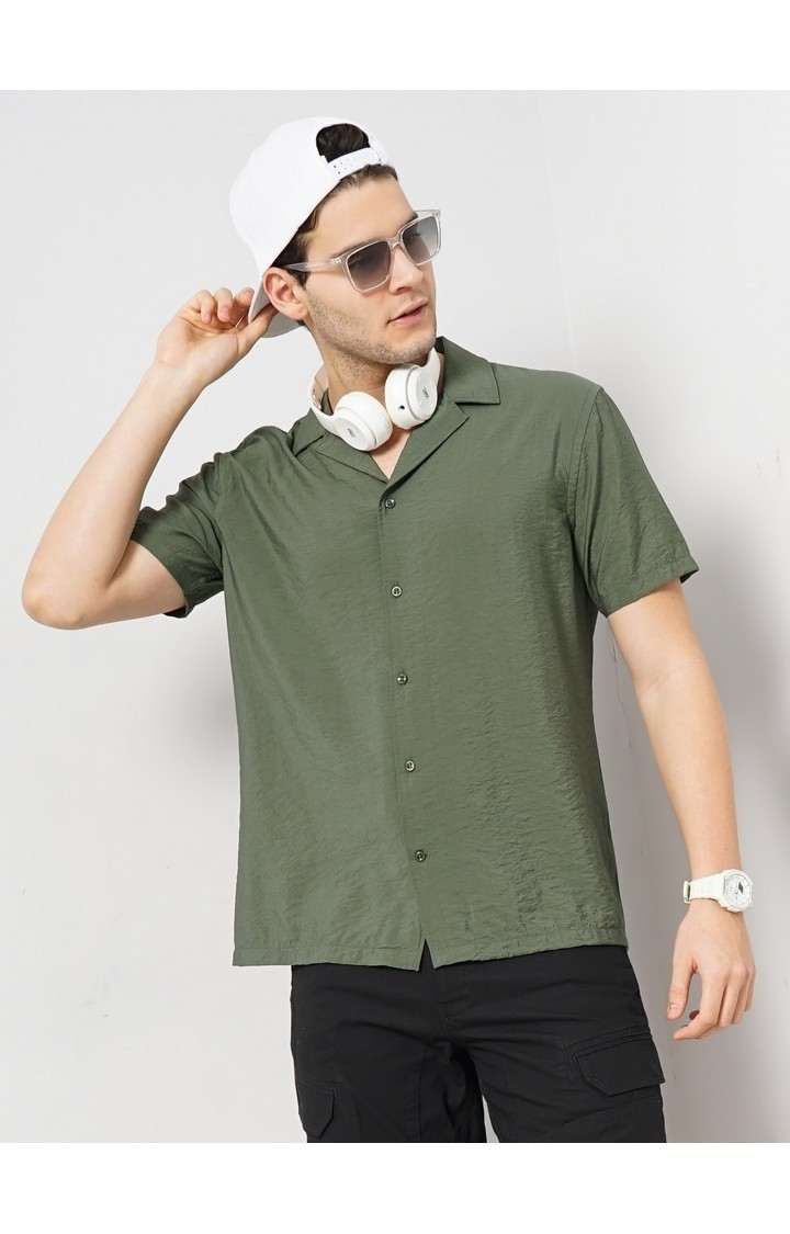 Celio Men Olive Solid Regular Fit Viscose Rayon Soft Touch Casual Shirt