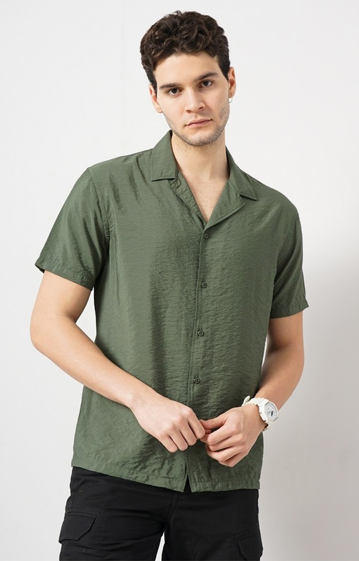 celio | Celio Men Olive Solid Regular Fit Viscose Rayon Soft Touch Casual Shirt