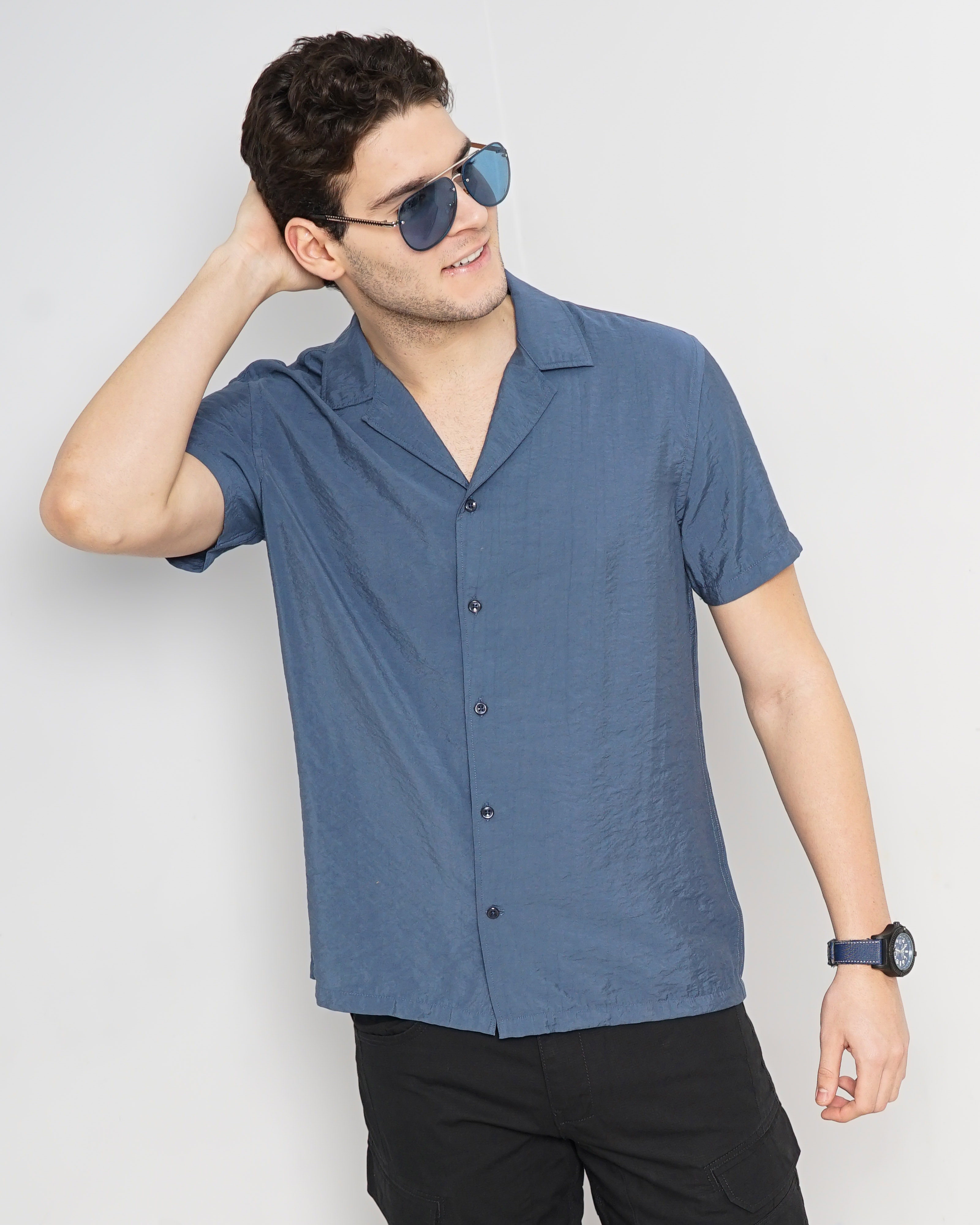 Celio Men Blue Solid Regular Fit Viscose Rayon Soft Touch Casual Shirt