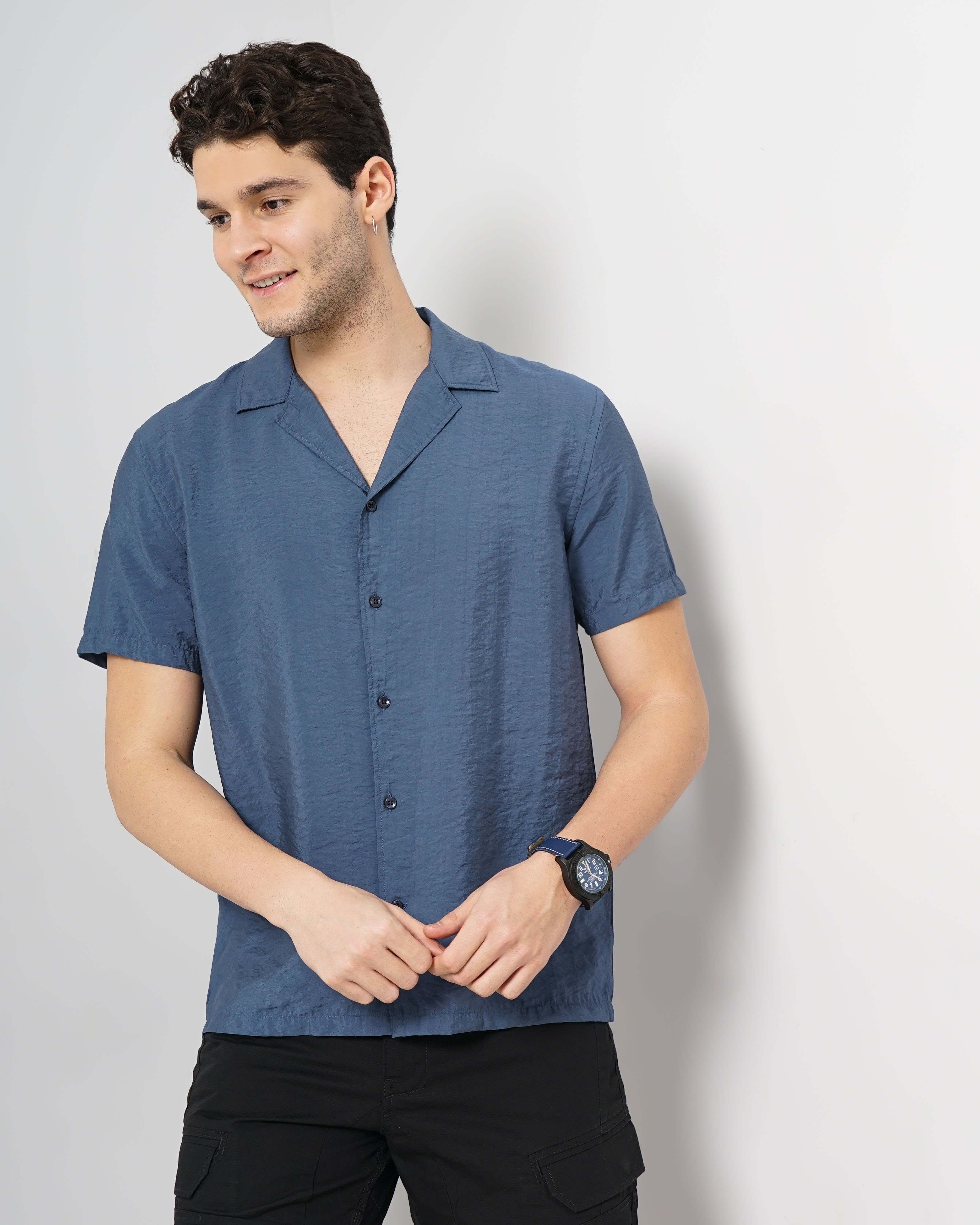 celio | Celio Men Blue Solid Regular Fit Viscose Rayon Soft Touch Casual Shirt