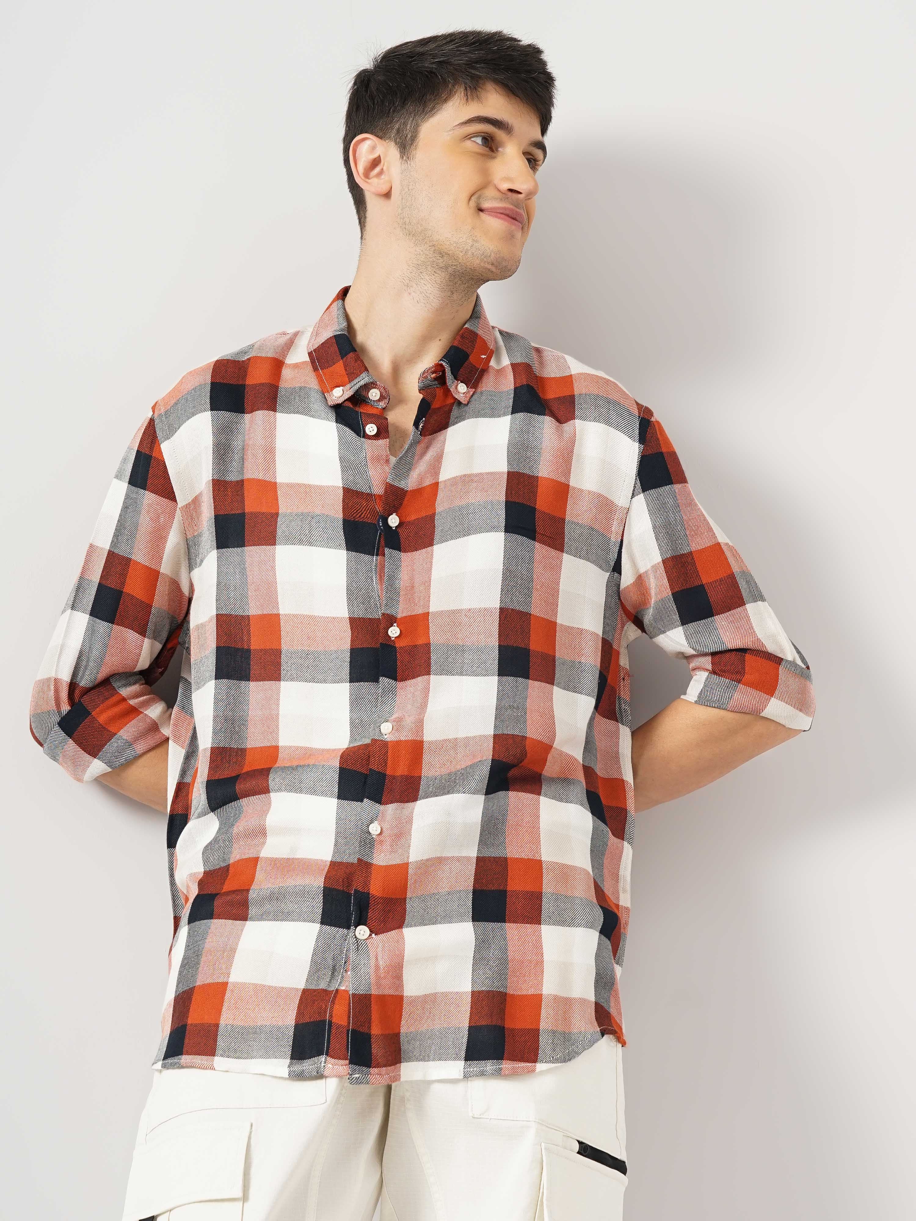 Celio Men Rust Checked Regular Fit Viscose Rayon Soft Touch Casual Shirt