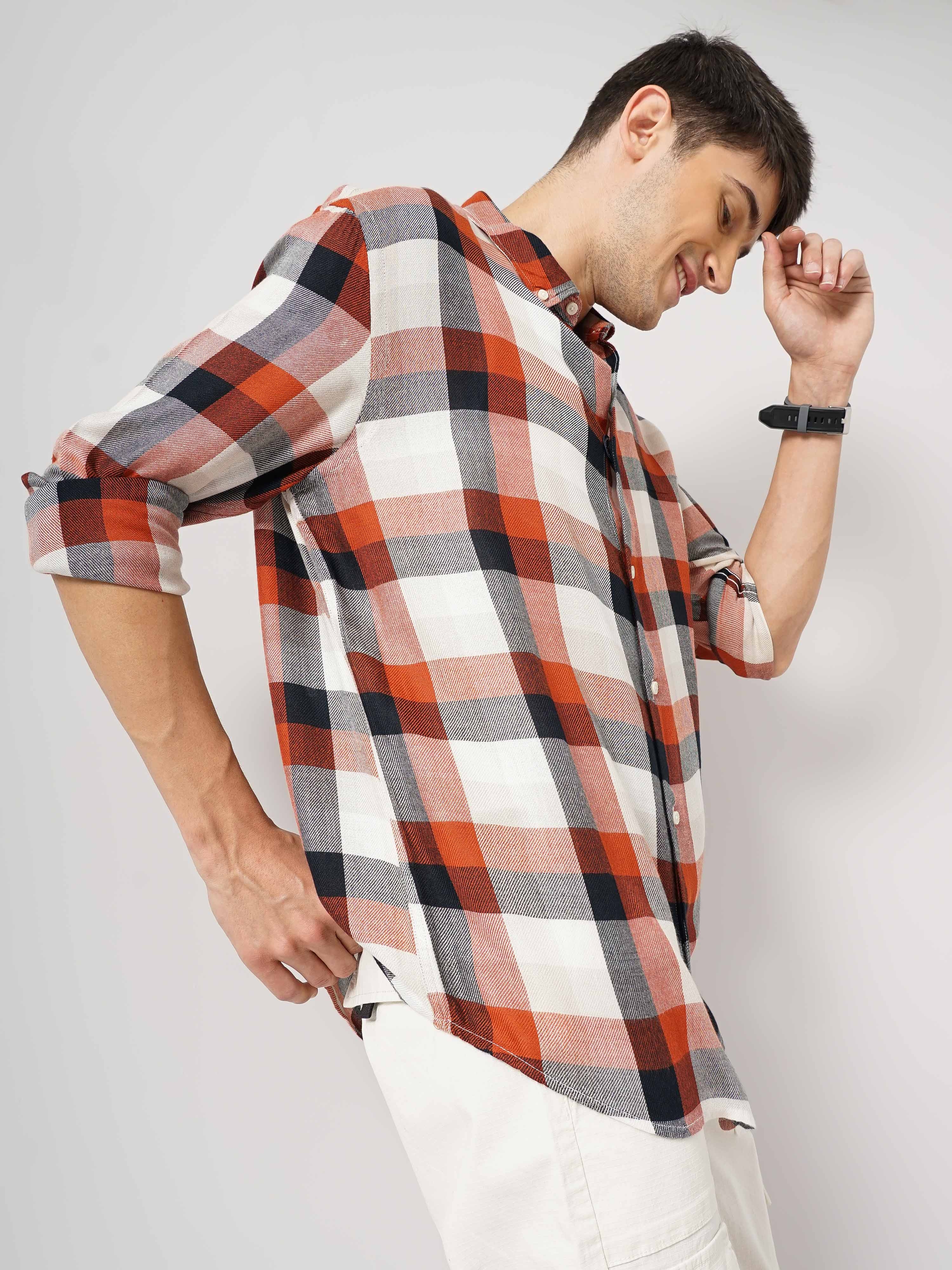 Celio Men Rust Checked Regular Fit Viscose Rayon Soft Touch Casual Shirt