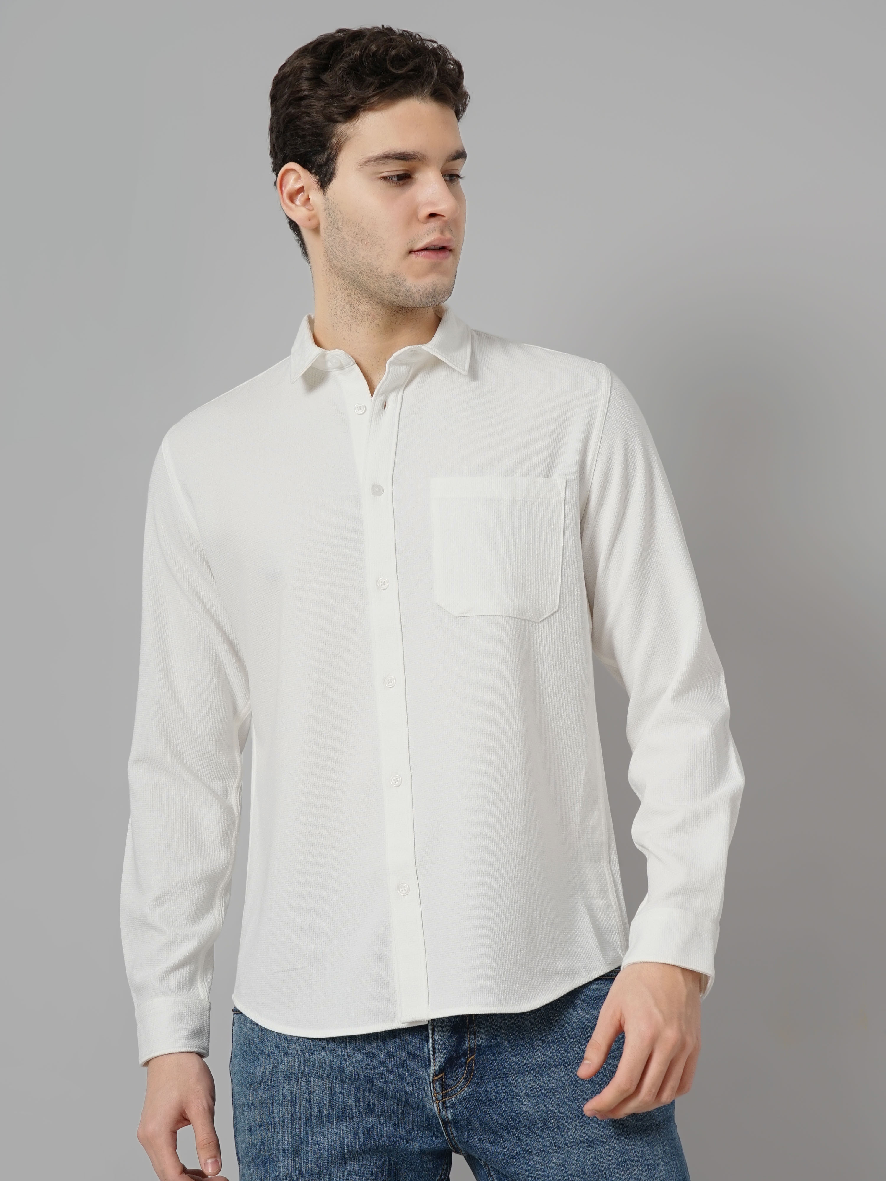 Celio Men Off White Solid Regular Fit Polyester Overshirt Casual Shirt