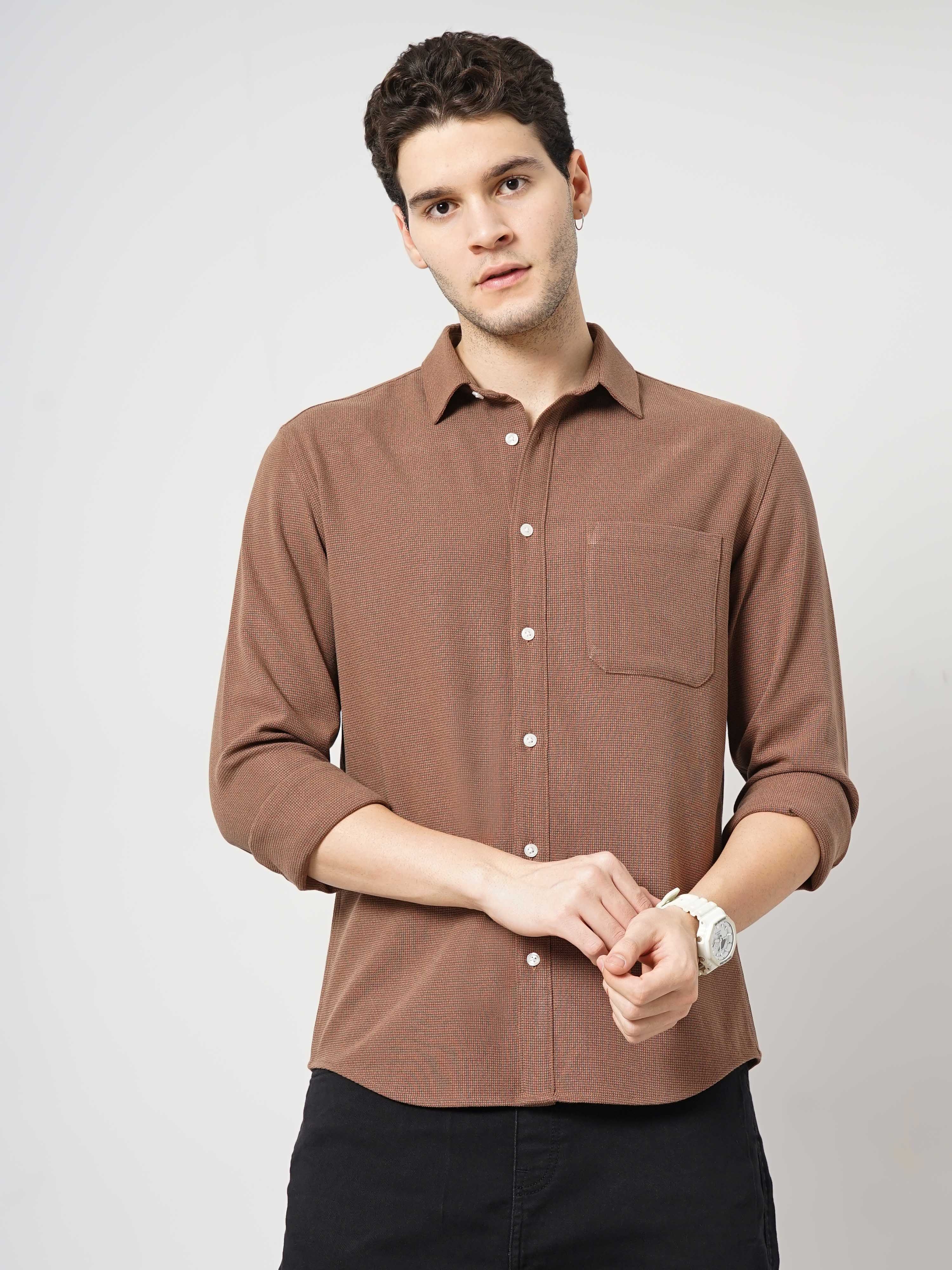 Celio Men Brown Solid Regular Fit Polyester Overshirt Casual Shirt