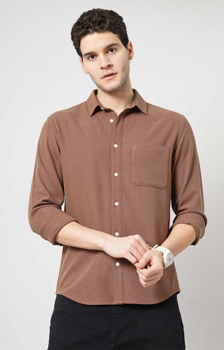 celio | Celio Men Brown Solid Regular Fit Polyester Overshirt Casual Shirt