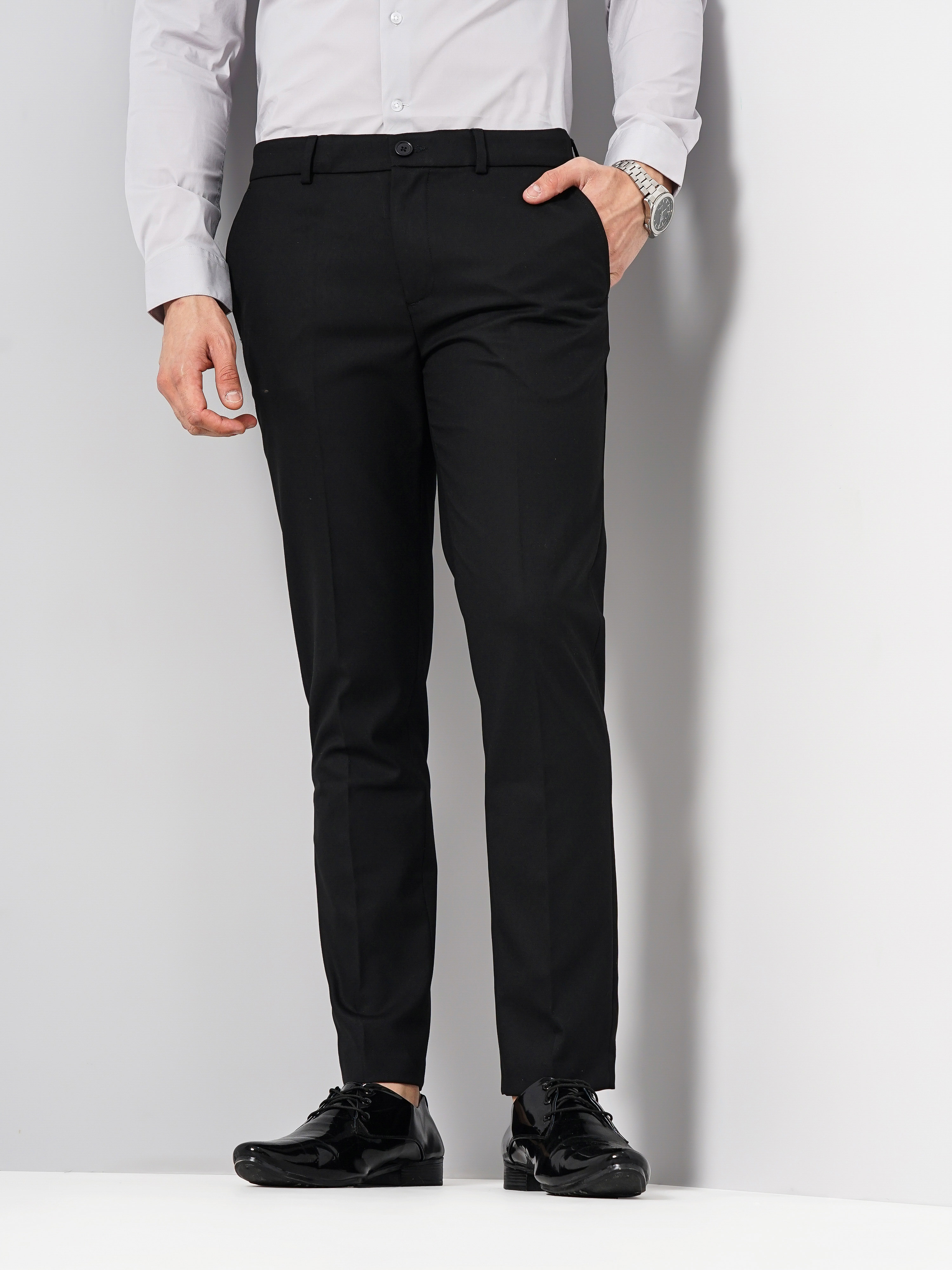 celio | Celio Men Black Solid Slim Fit Polyester Formal Trousers