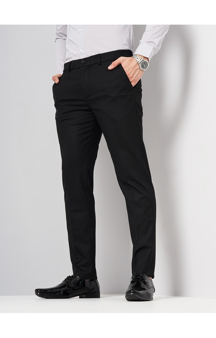 Celio Men Black Solid Slim Fit Polyester Formal Trousers