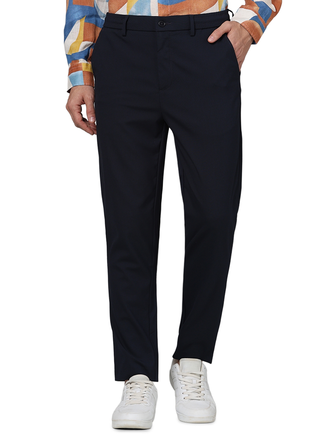 Celio Men Blue Solid Regular Fit Polyester 24 Hour Trousers