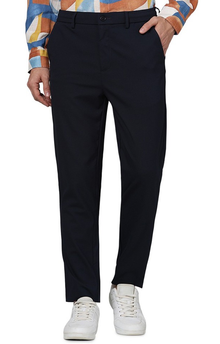 Celio Men Blue Solid Regular Fit Polyester 24 Hour Trousers