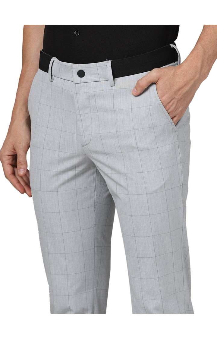 Celio Men Grey Checked Slim Fit Polyester Formal Trousers