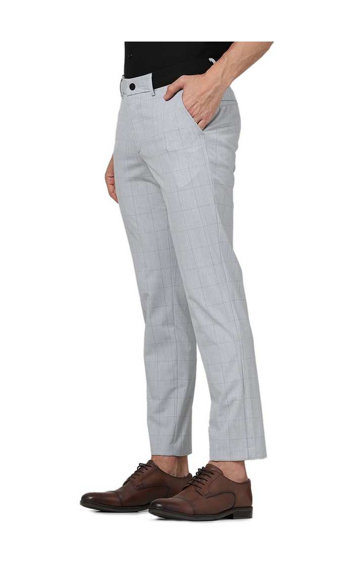 Celio Men Grey Checked Slim Fit Polyester Formal Trousers
