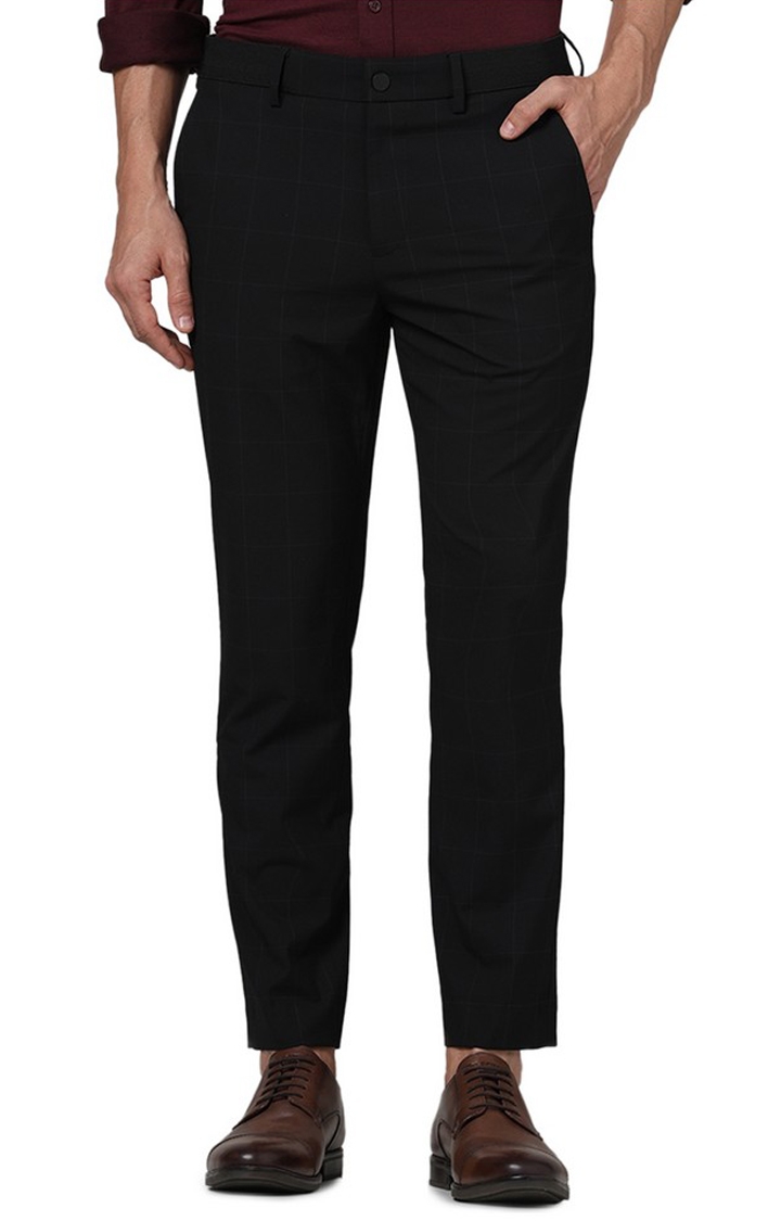 celio | Celio Men Black Checked Slim Fit Polyester Formal Trousers