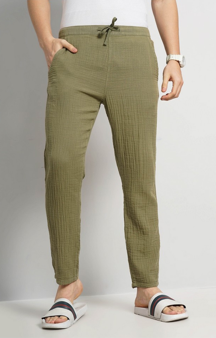 celio | Celio Men Green Solid Regular Fit Cotton Fashion Trousers