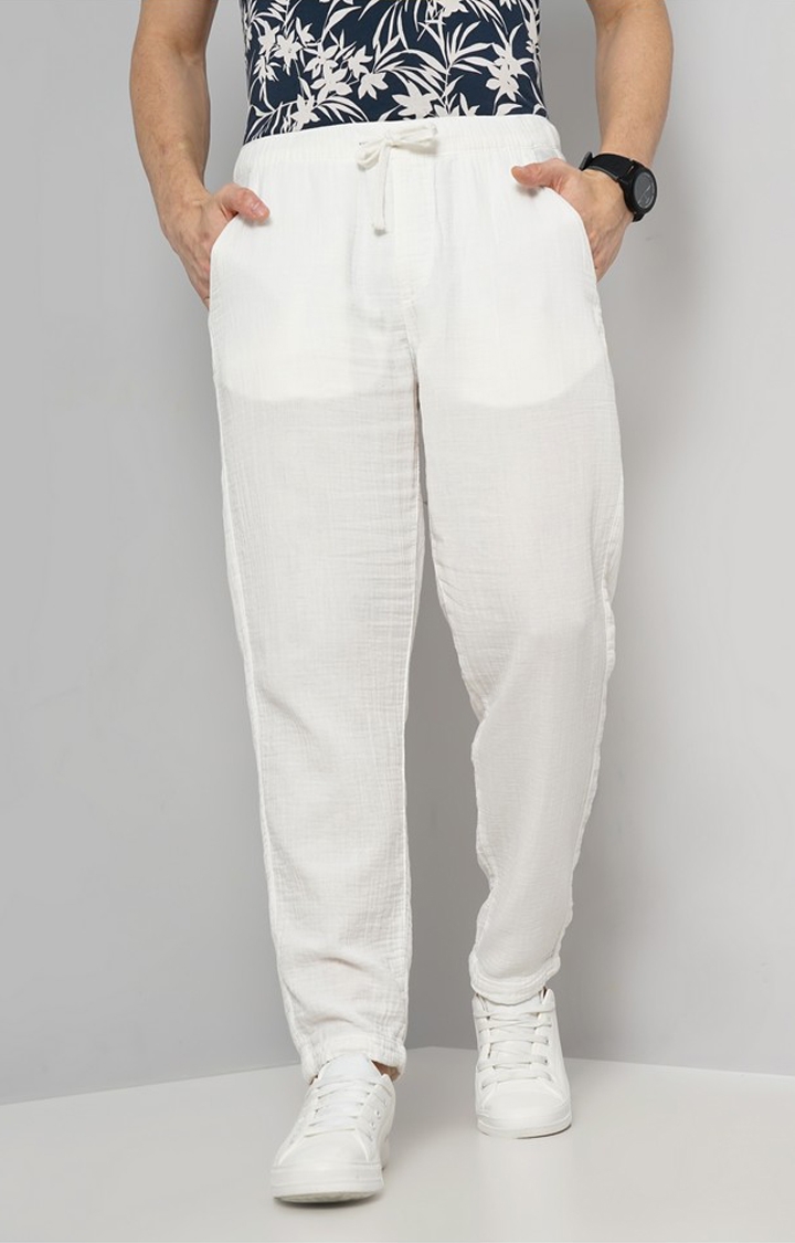celio | Celio Men White Solid Slim Fit Double Cotton Cloth Fashion Pants Casual Trousers