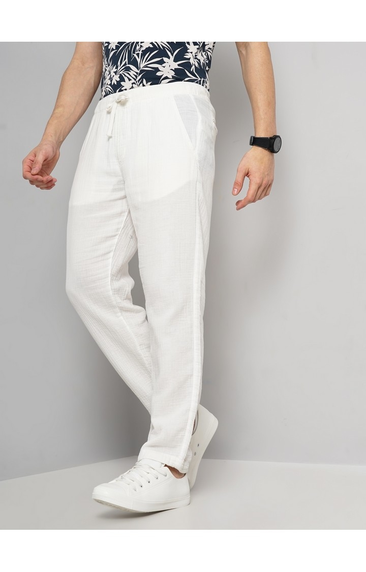 Celio Men White Solid Slim Fit Double Cotton Cloth Fashion Pants Casual Trousers