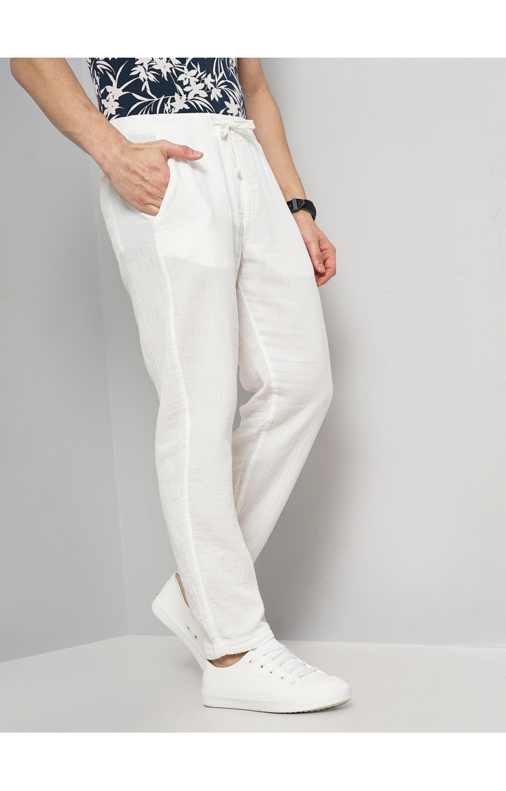 Celio Men White Solid Slim Fit Double Cotton Cloth Fashion Pants Casual Trousers