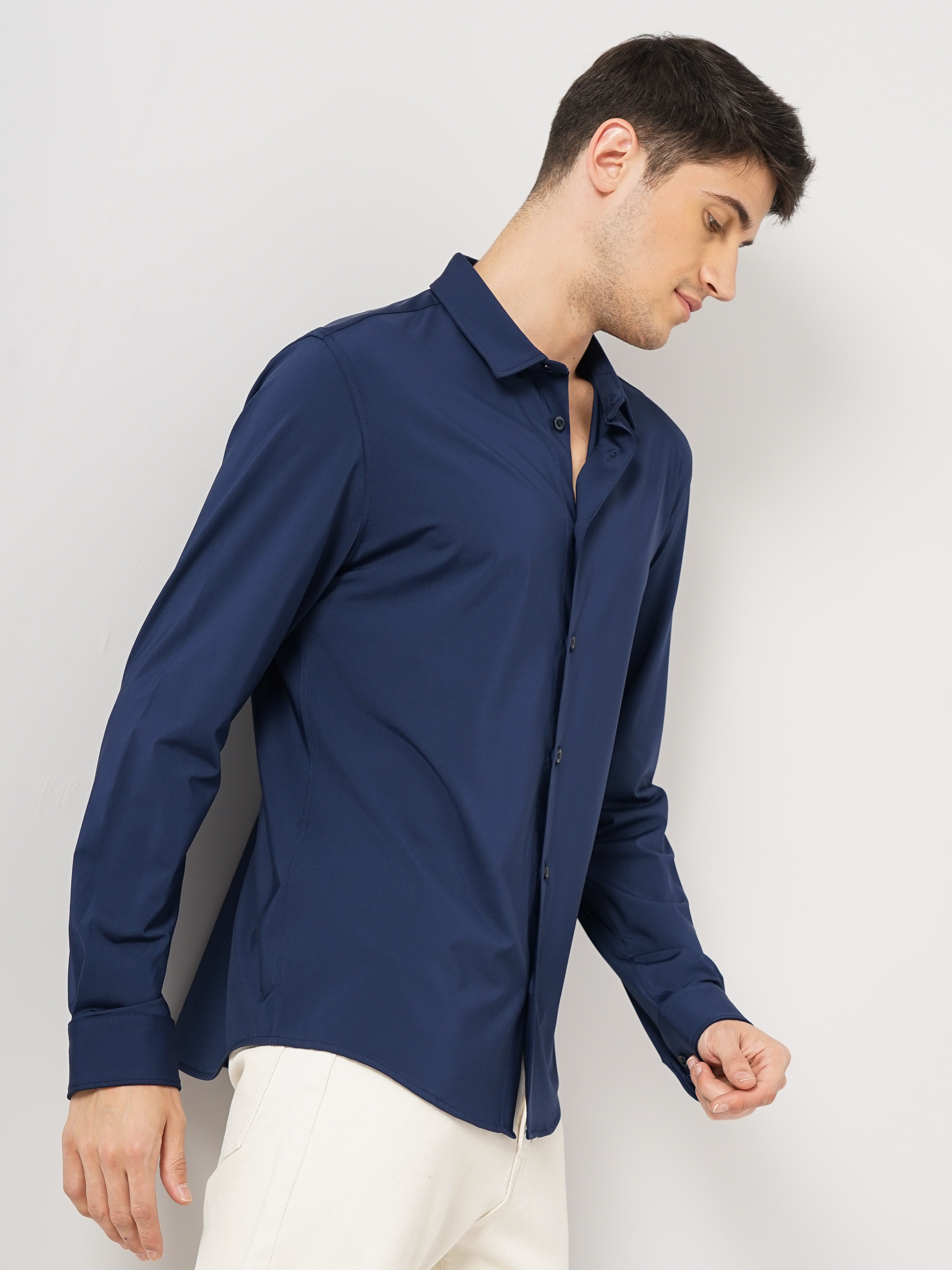 Celio Men Navy Blue Solid Regular Fit Polyester Knit Casual Shirt