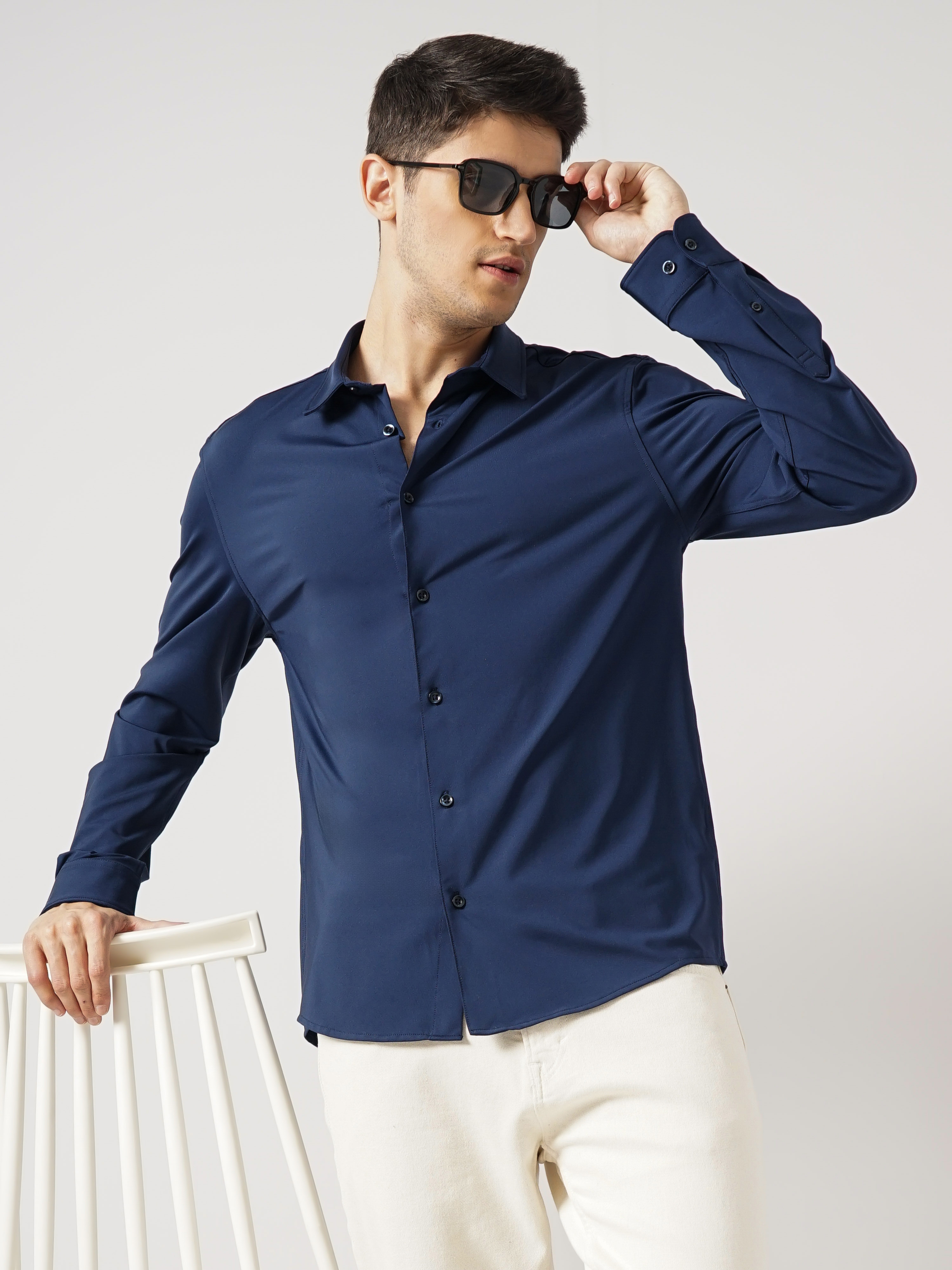 celio | Celio Men Navy Blue Solid Regular Fit Polyester Knit Casual Shirt