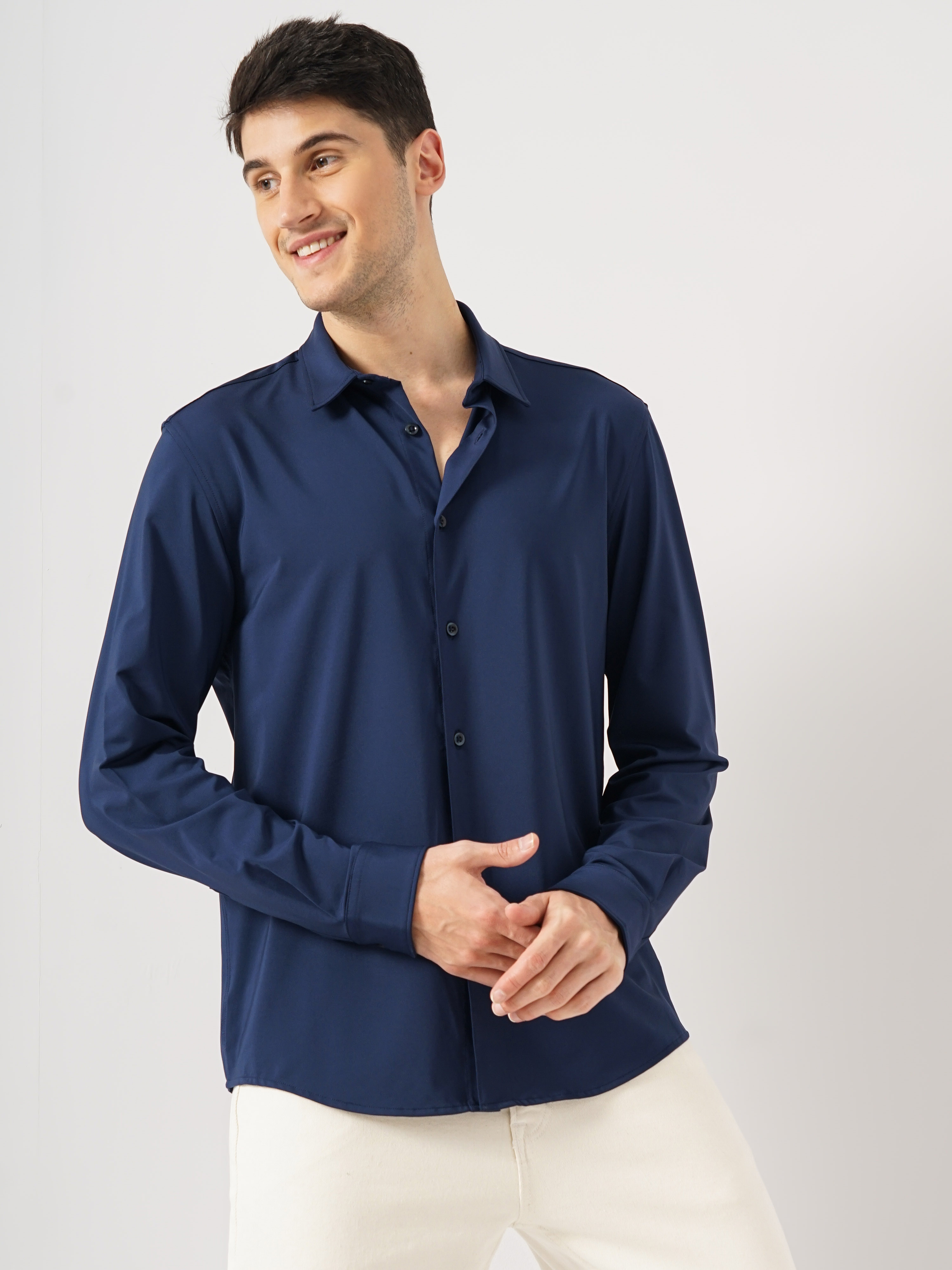 Celio Men Navy Blue Solid Regular Fit Polyester Knit Casual Shirt