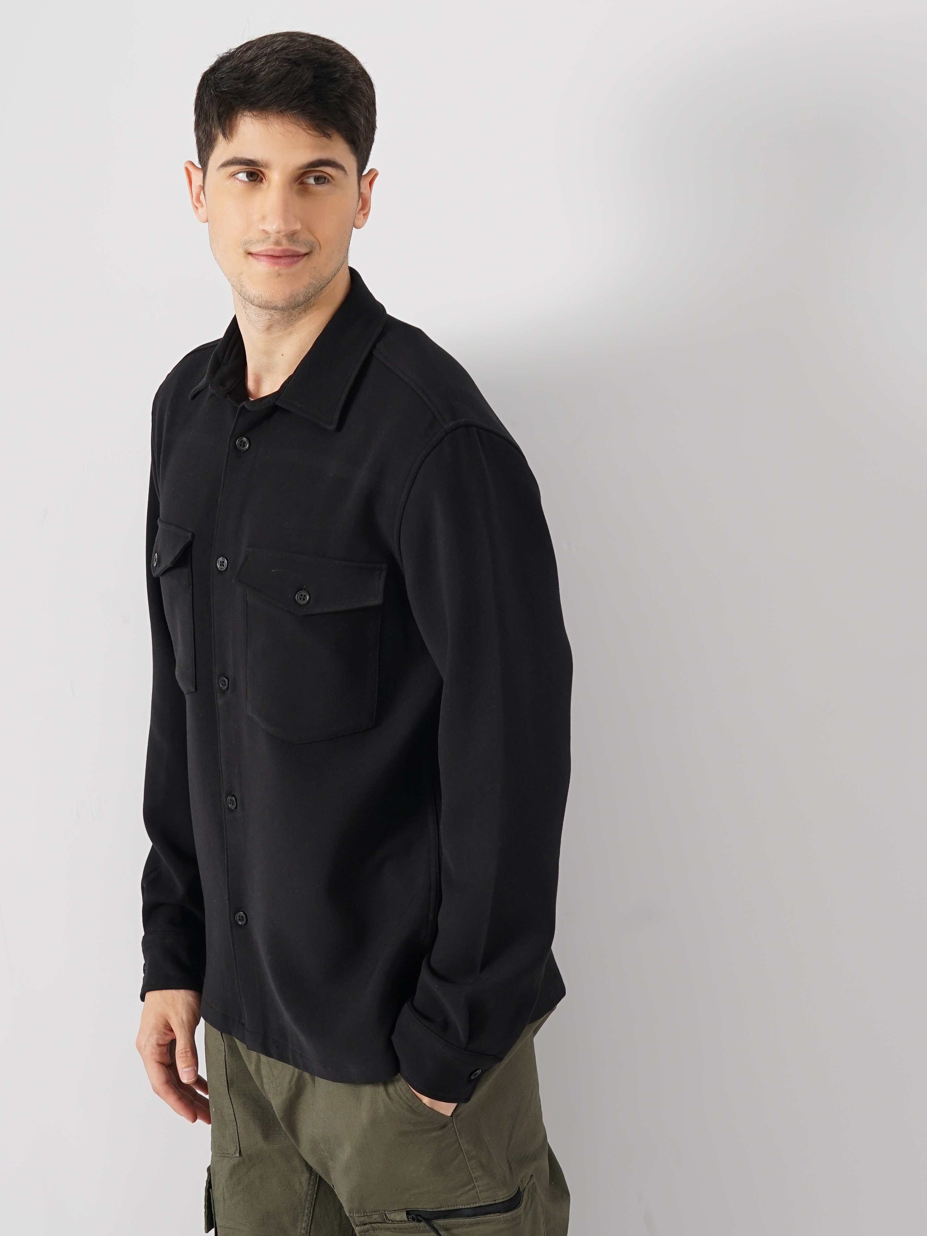 Celio Men Black Solid Regular Fit Polyester Overshirt Casual Shirt