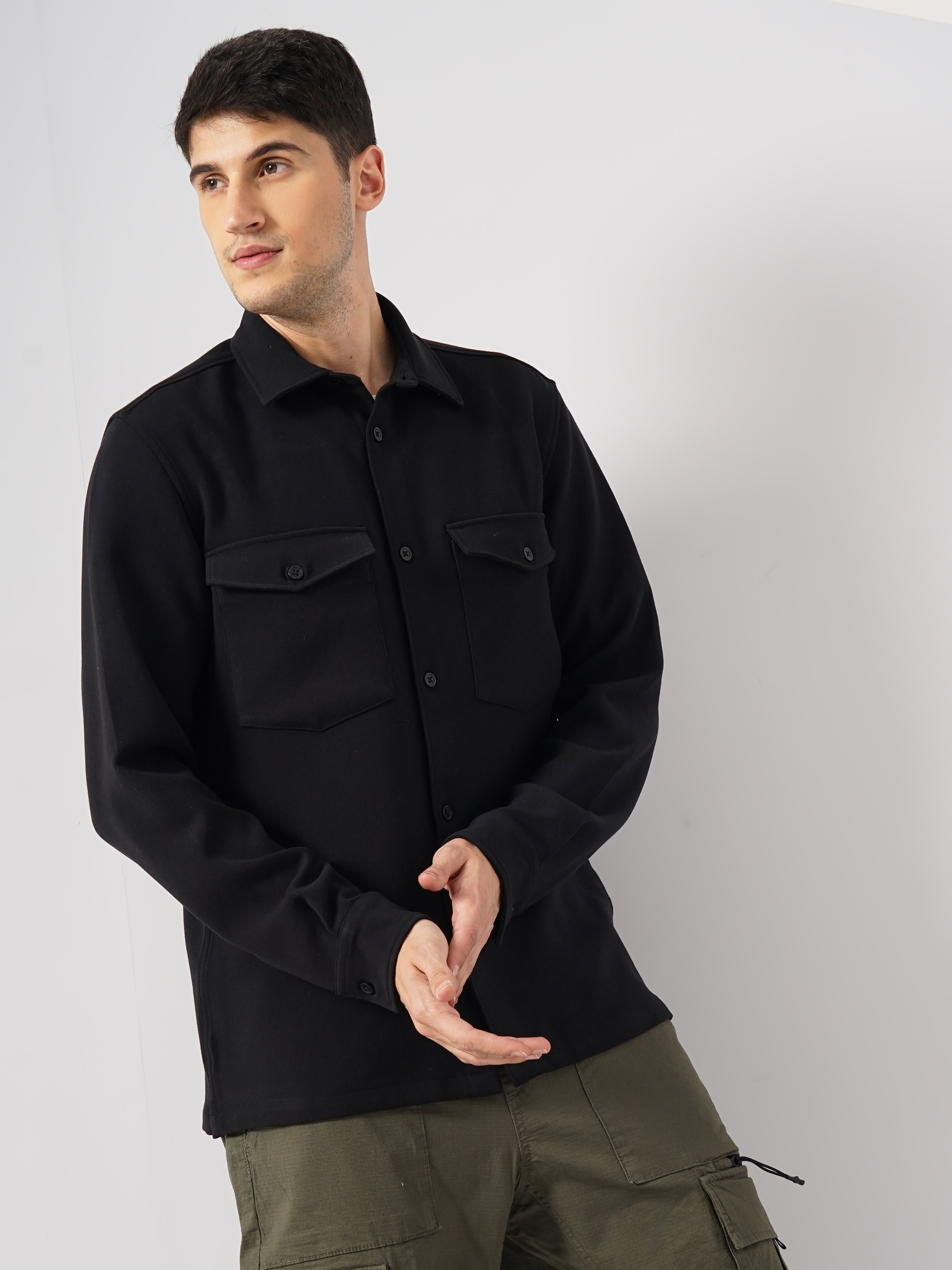 celio | Celio Men Black Solid Regular Fit Polyester Overshirt Casual Shirt