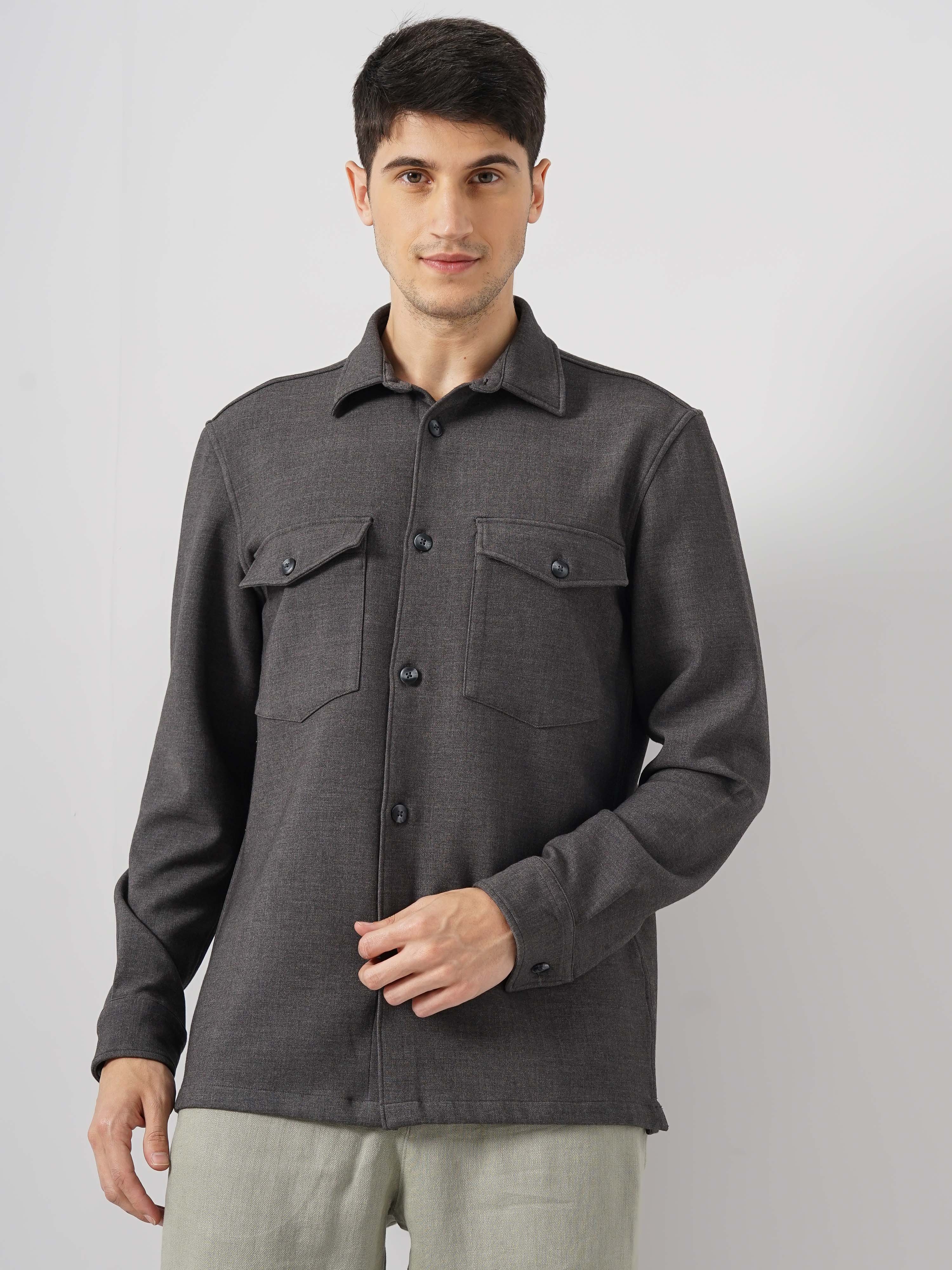 celio | Celio Men Grey Solid Regular Fit Polyester Overshirt Casual Shirt