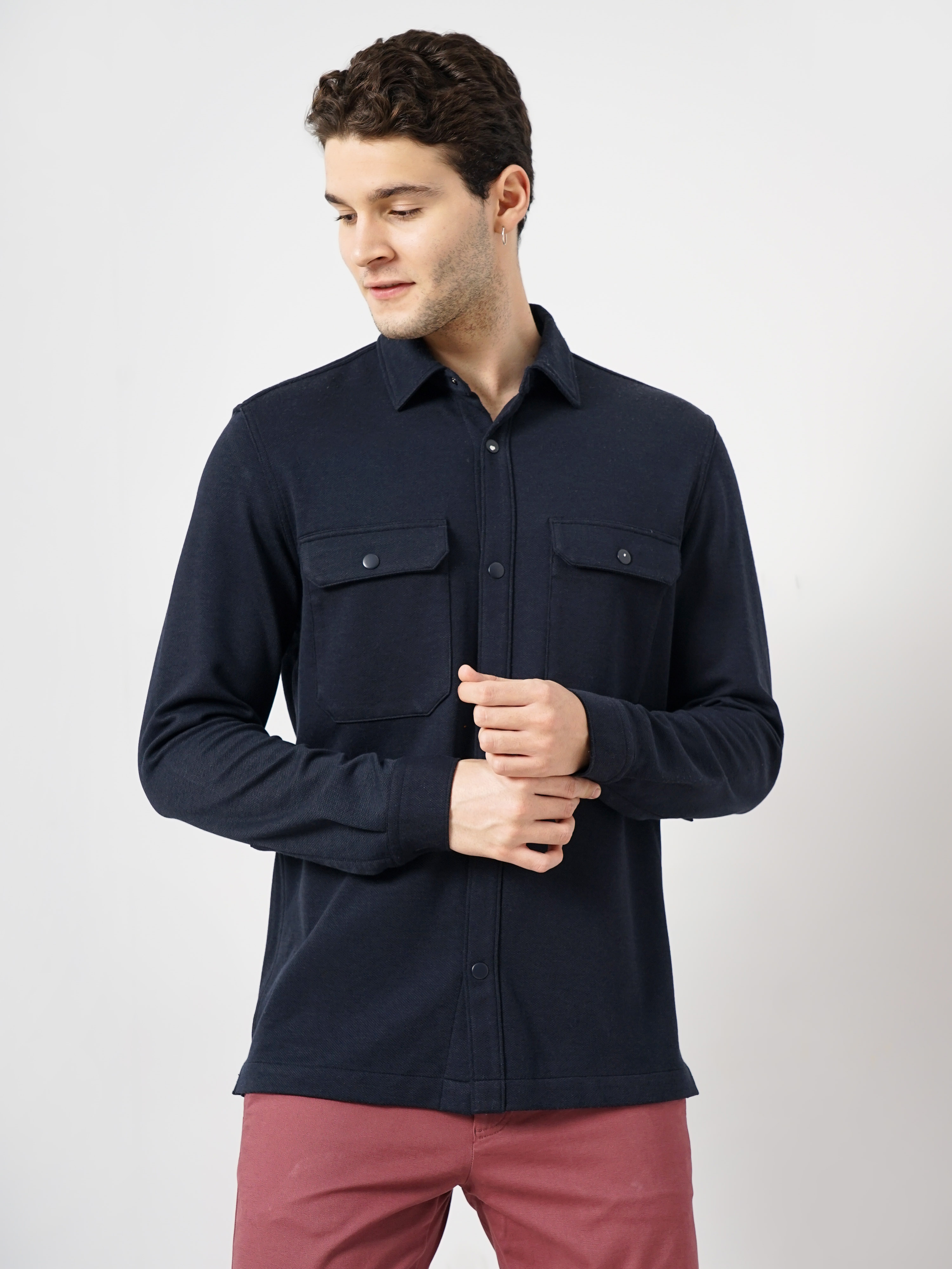 Celio Men Navy Blue Solid Oversized Polyester Overshirt Casual Shirt