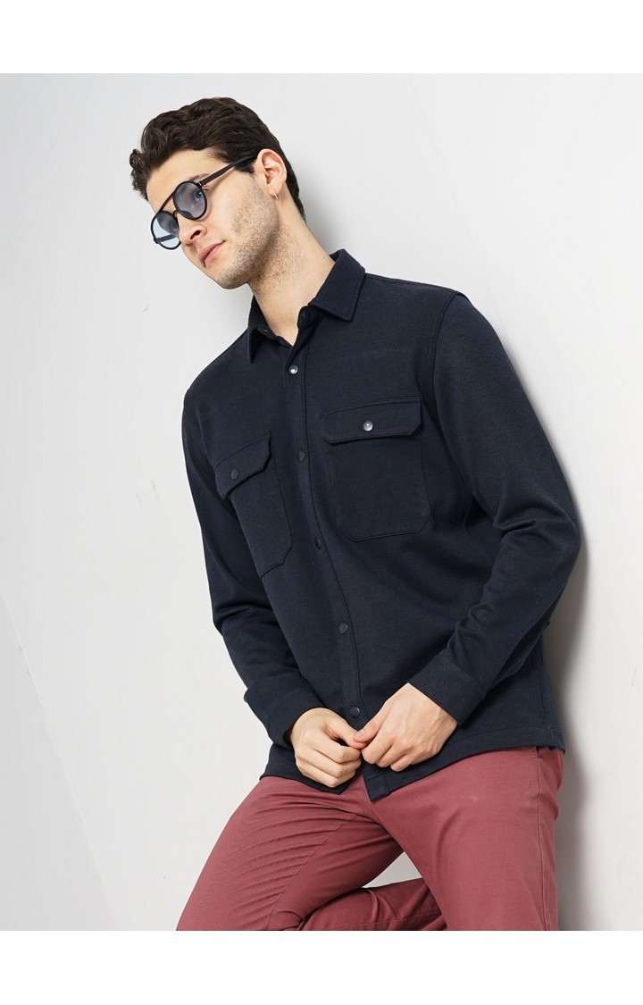 Celio Men Navy Blue Solid Oversized Polyester Overshirt Casual Shirt