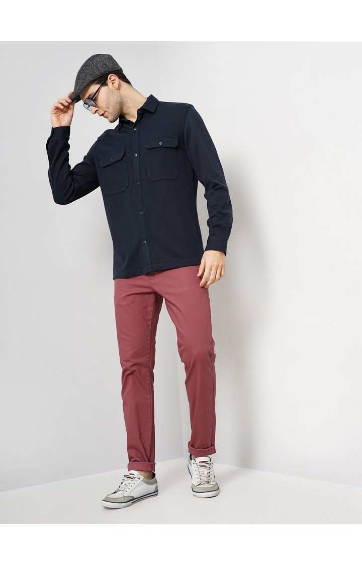 Celio Men Navy Blue Solid Oversized Polyester Overshirt Casual Shirt