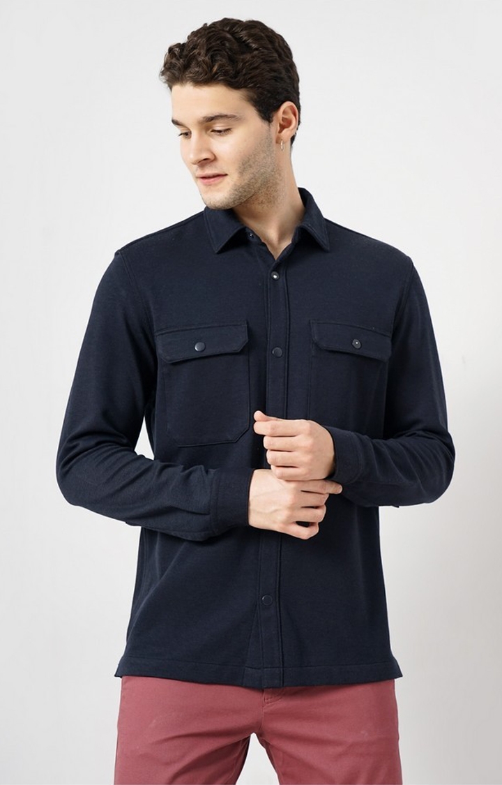 celio | Celio Men Navy Blue Solid Oversized Polyester Overshirt Casual Shirt