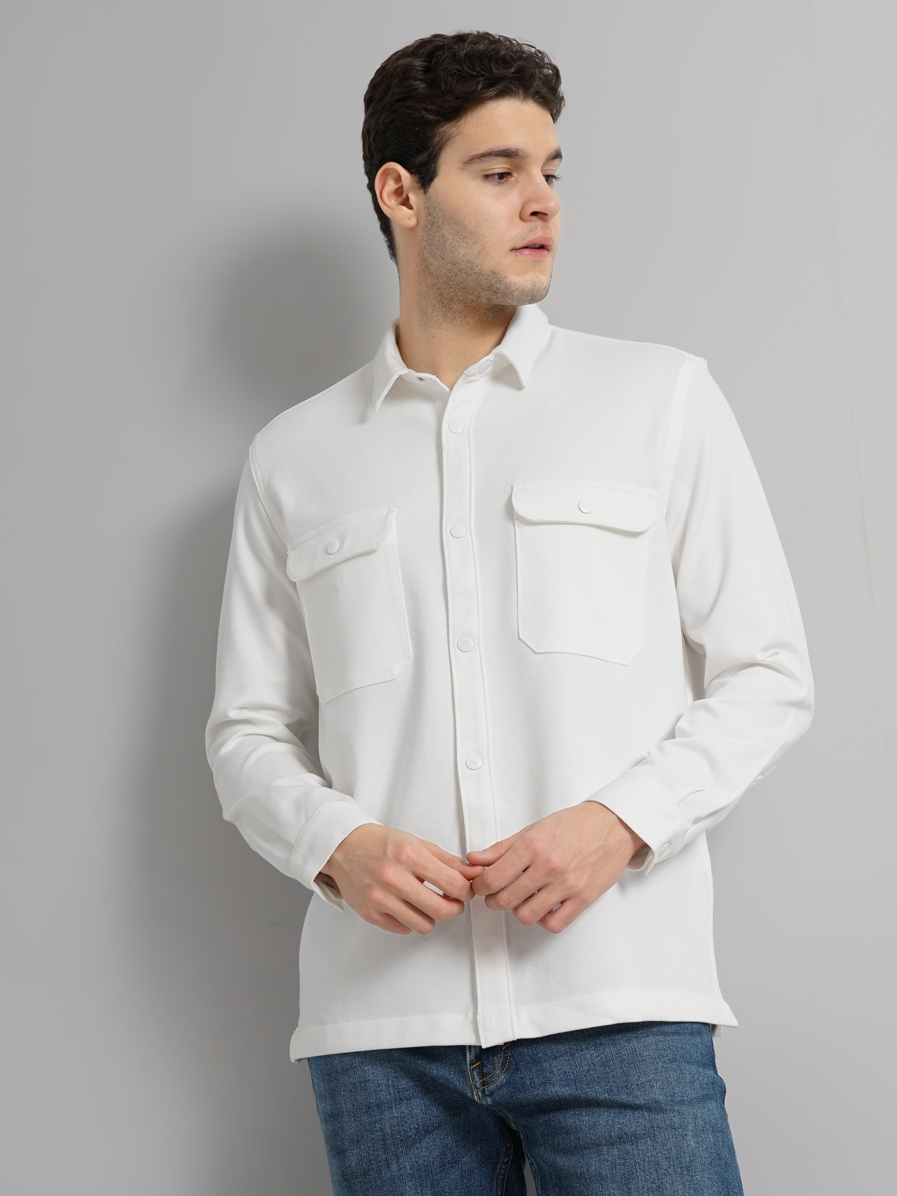 celio | Celio Men White Solid Oversized Polyester Overshirt Casual Shirt