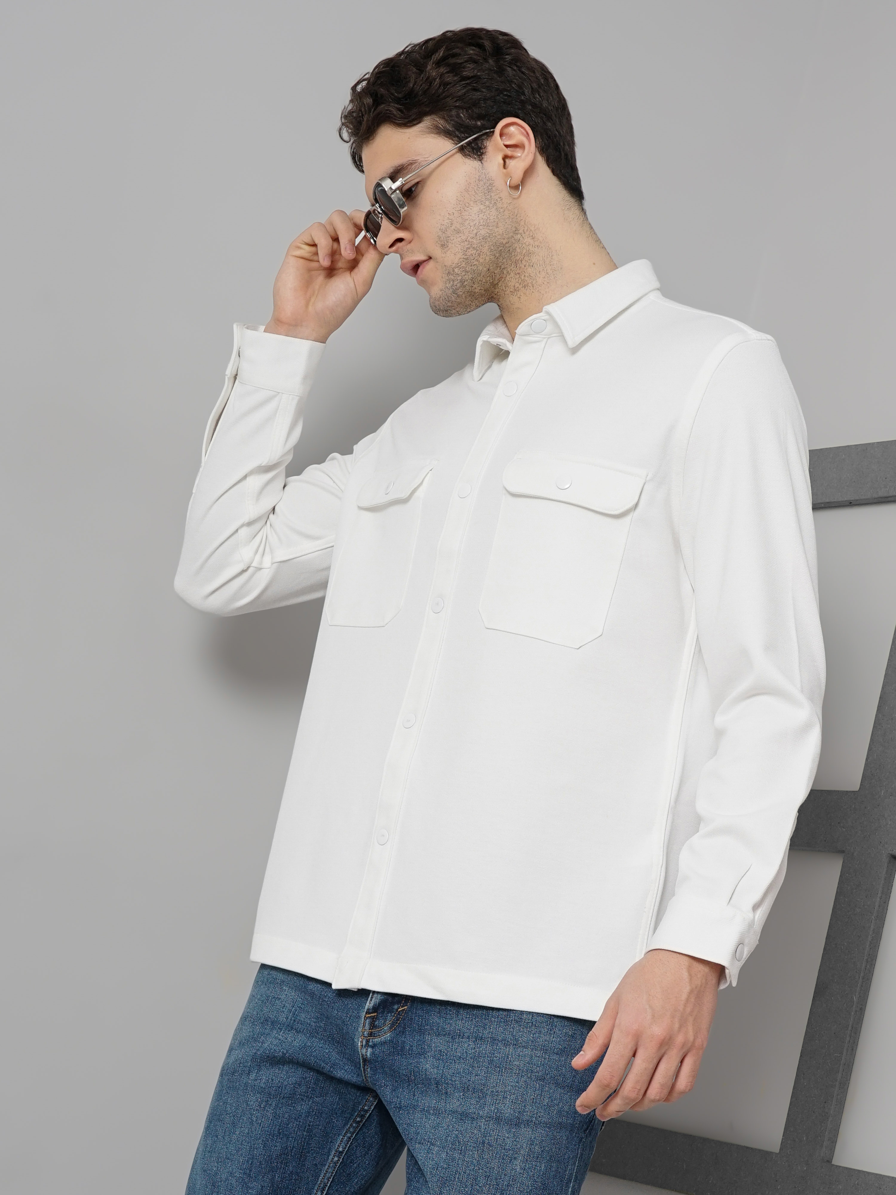 Celio Men White Solid Oversized Polyester Overshirt Casual Shirt