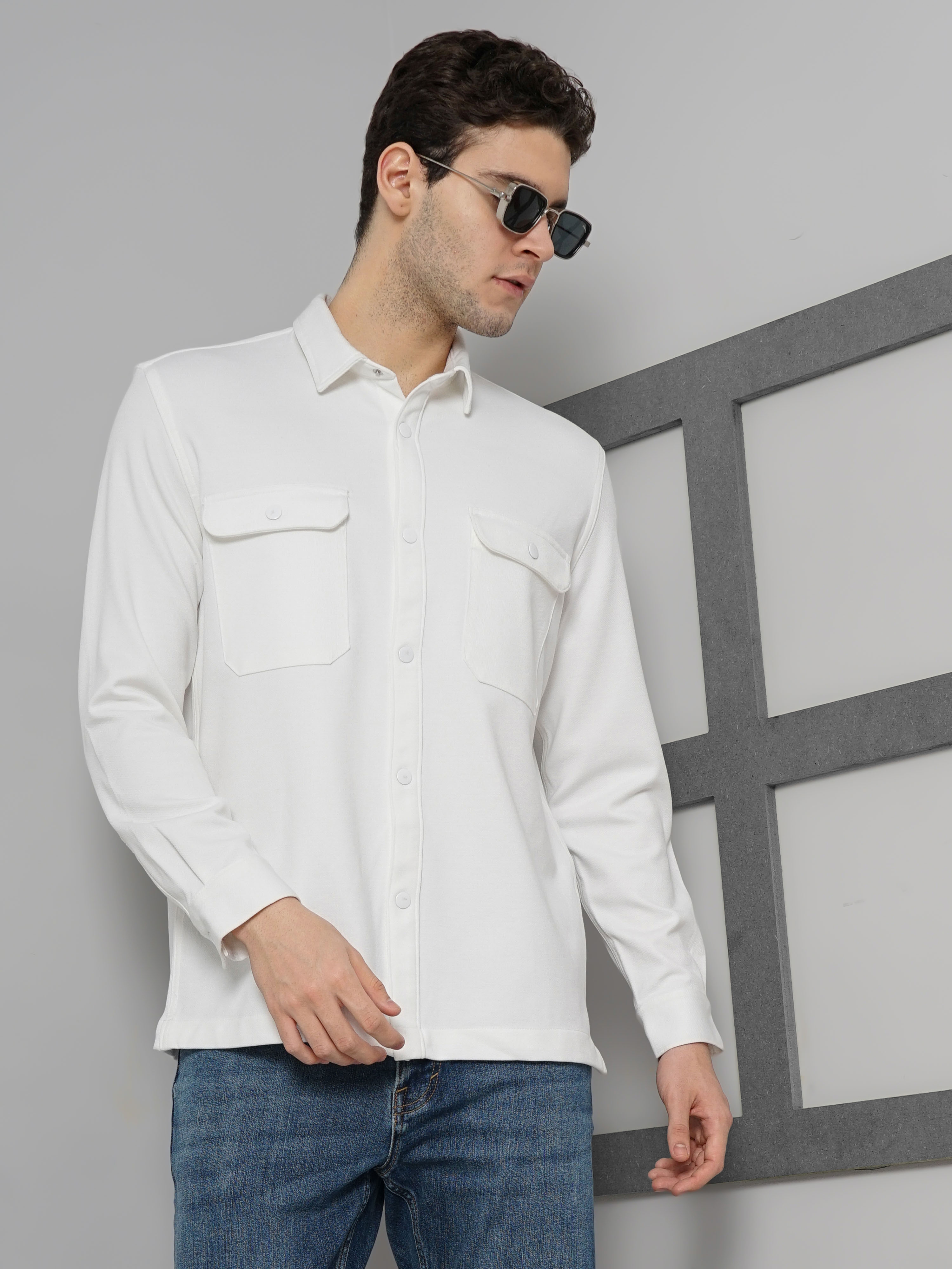 Celio Men White Solid Oversized Polyester Overshirt Casual Shirt