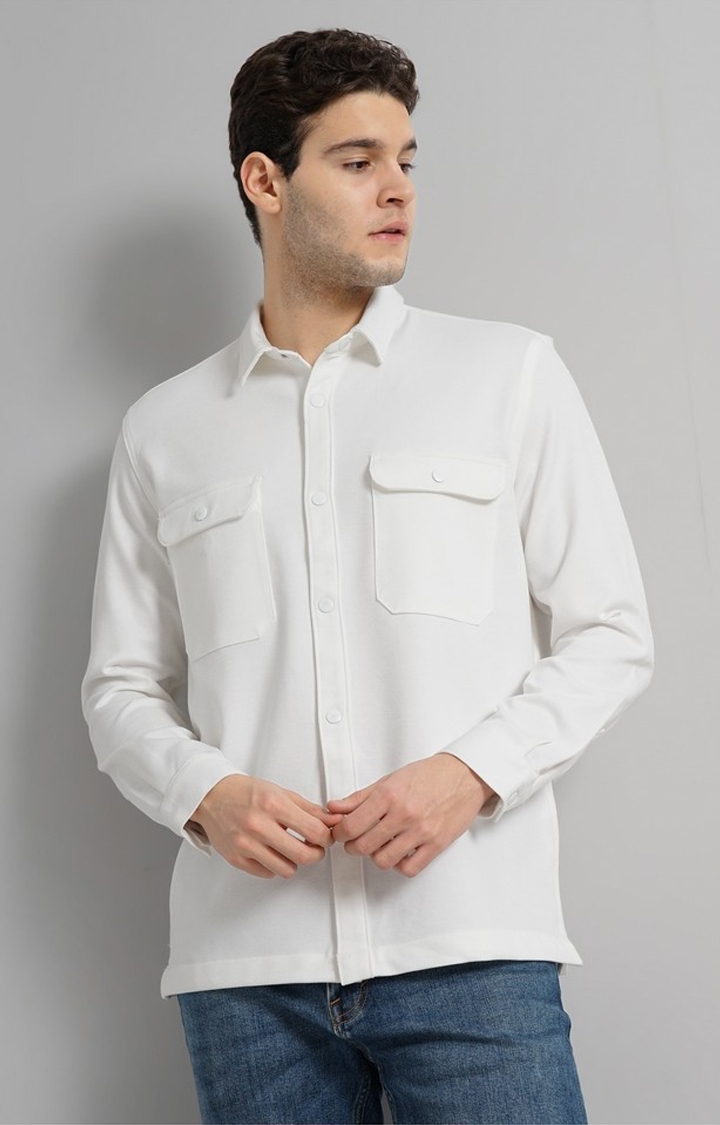 celio | Celio Men White Solid Oversized Polyester Overshirt Casual Shirt