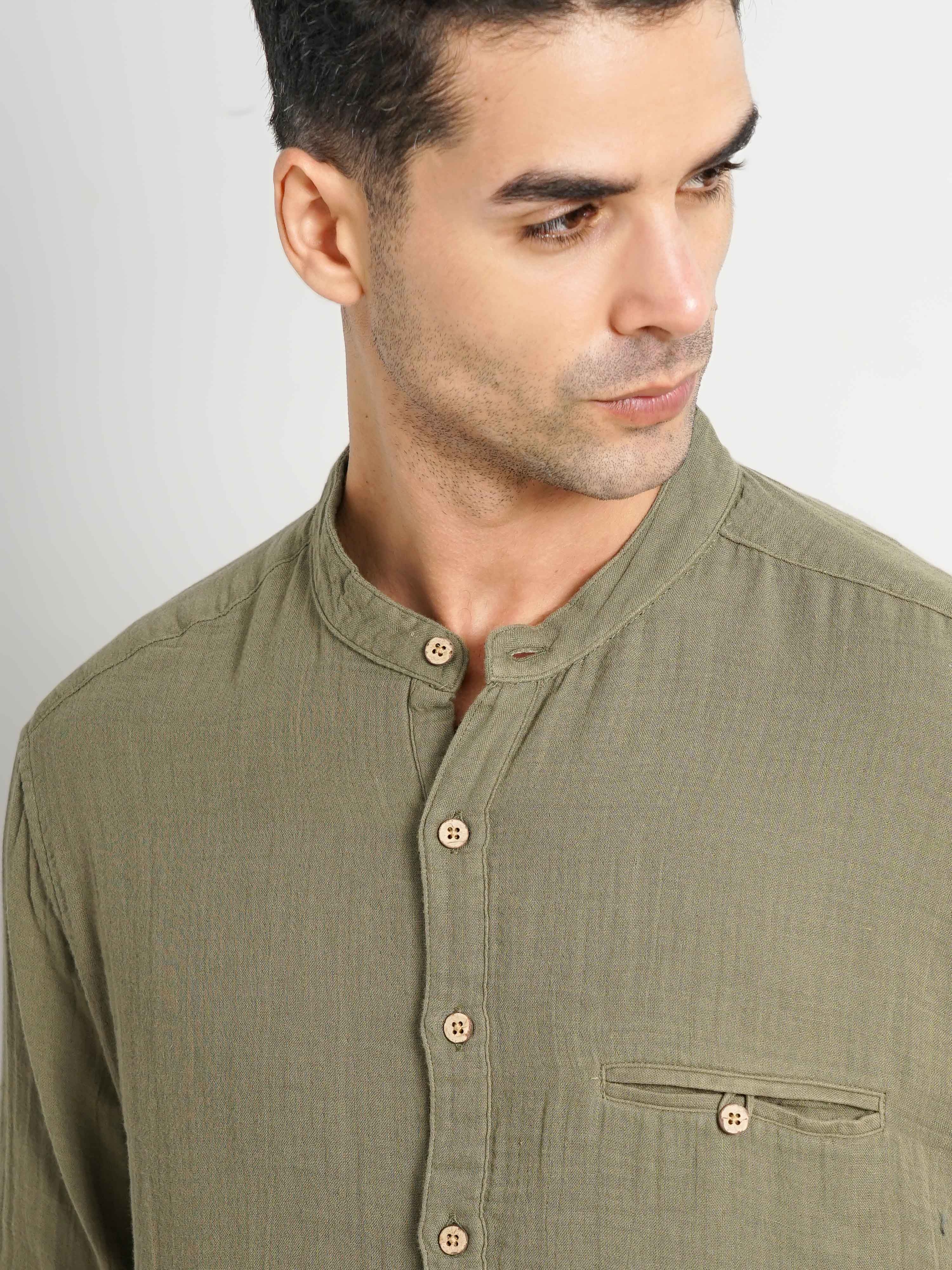 Celio Men Olive Solid Regular Fit Cotton Double Cloth Shirt