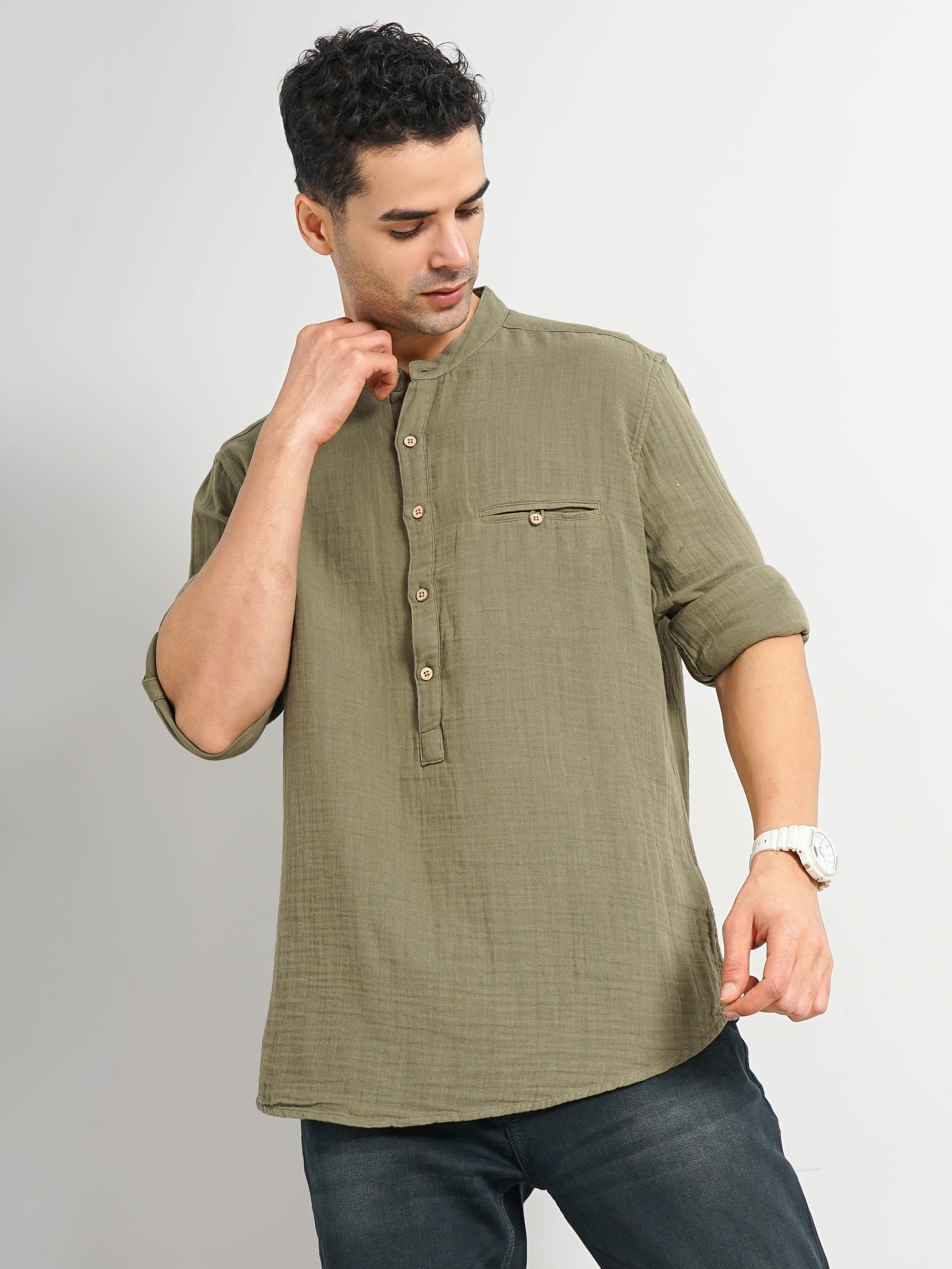 celio | Celio Men Olive Solid Regular Fit Cotton Double Cloth Shirt