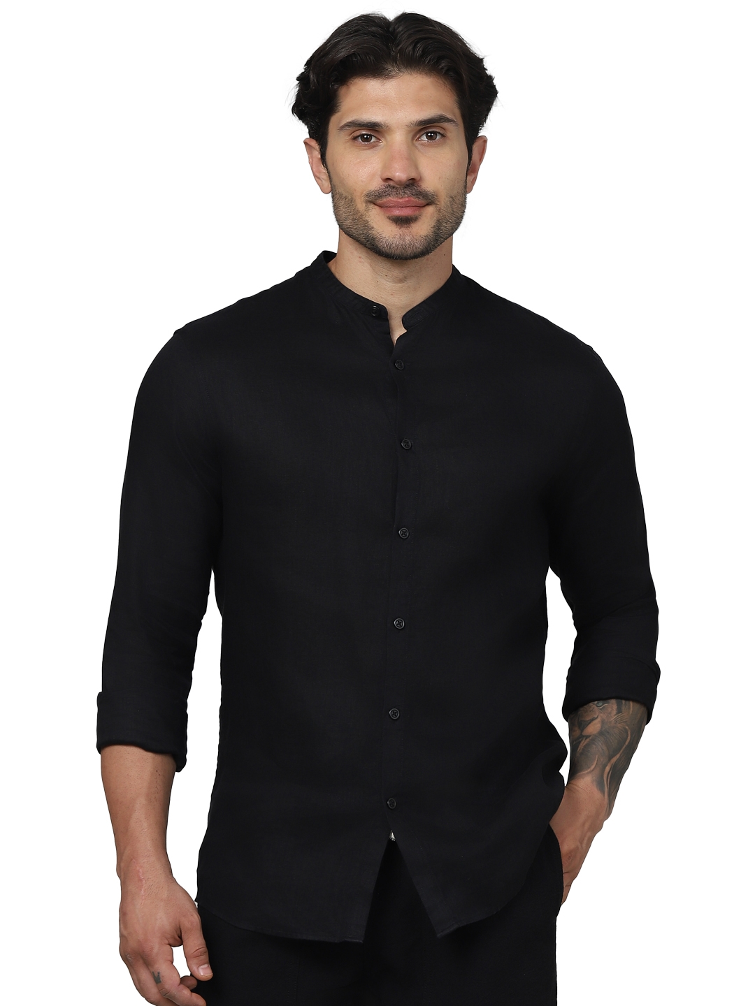 celio | Celio Men Black Solid Regular Fit Linen Shirts